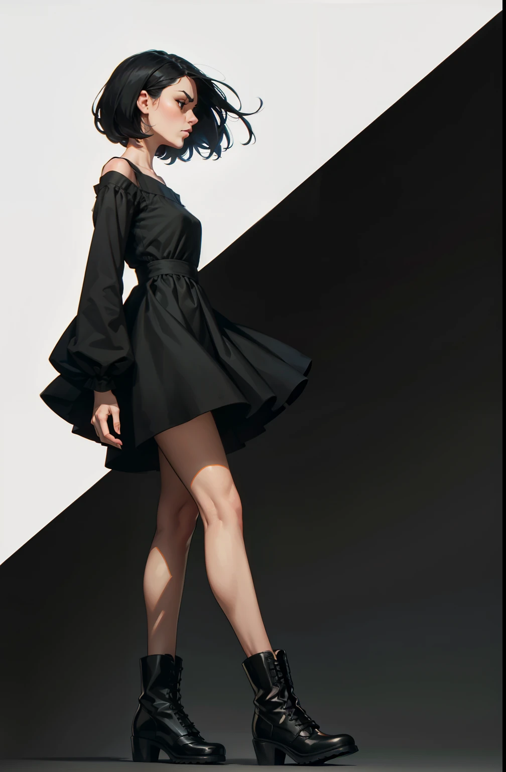 makeup, soft or colored lips, simple black background, minimalism, monotonous, bright color palettes, grumpy face, short dress, exposed feet, short black dress, boots, straight hair tied up, stands on tiptoe, arms crossed, body expression angry woman looks up, side view, perspective, side, perfect anatomy, dynamic pose, perfect hands, wind on dress
