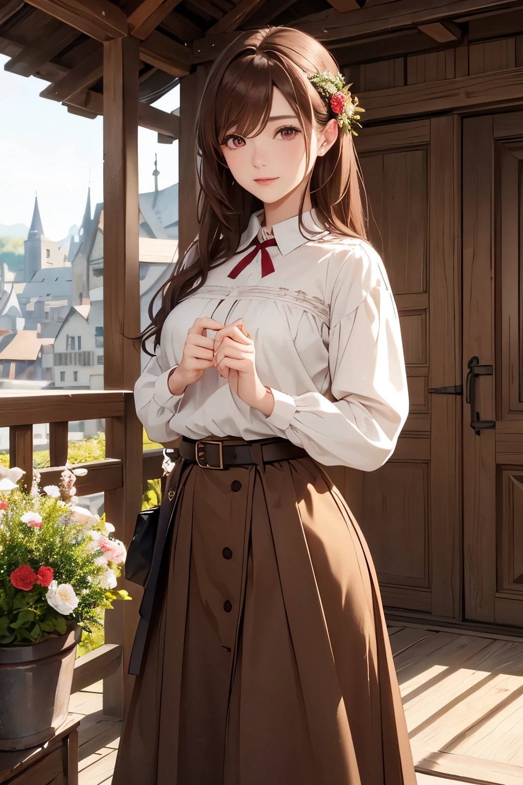 30 year old woman、Florist、brown hair、red eyes、beautiful eyes、Town Girl's Clothes、waist belt、Florist in Medieval Europe、high resolution、high quality、cinematic lighting、4K quality