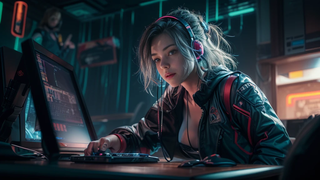 ultra-detailed, cute woman, petite stature, enormous breasts, white skin, alluring figure, black long messy hair, long upper eyelashes, eyebrows behind hair, upturned eyes, light blush, seductive smile, background((dark and messy gaming room, Server Machine, neon lights, Braces, some Computer screen, notebook)), messy paper, flight, Debris flying, writing border depth, Movie, Finished lunch box, Cup drinks, (((seated in a gaming chair))), ((sitting behind a computer)), ((Cross the feet)), (engrossed in staring at the computer screen:1.4), ((hands moving on the keyboard)), ((black RGB gaming headset)), , ((Blue jacket)), Open one shoulders, ((black short bandeau top)), ((white skirt), ((black thigh-high stockings)), ((screen light)), HDR, Premium shadow, Perfect painting, visual art, Perfect art, super detail, chiaroscuro, Best quality, super textured skin, super detail face, perfect face, Super fine facial details, beautiful and delicate eyes, perfect eyes, correct limbs, correct finger, super detail finger, best hair quality, best clothing quality, (((best prop quality))), ccurate, highres, super detail, masterpiece,, (photorealistic:1.3)