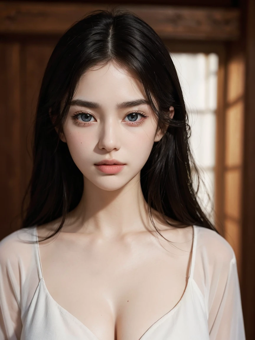 ((masterpiece、highest quality、realistic、super detailed、High resolution、Photoreal、sharp focus、cinematic lighting))、Stunning portrait of a beautiful woman、bust shot、high color saturation、high contrast、Oval face and symmetrical facial structure、Big eyes、Khazar eye color、almond shaped eyes、straight and balanced nose、soft wavy black hair、heart shaped lip、perfect eyebrows、perfect ears、soft skin、pale white skin、raise your chin slightly、closed your mouth、slight smile 、plain background、focus from the chest up