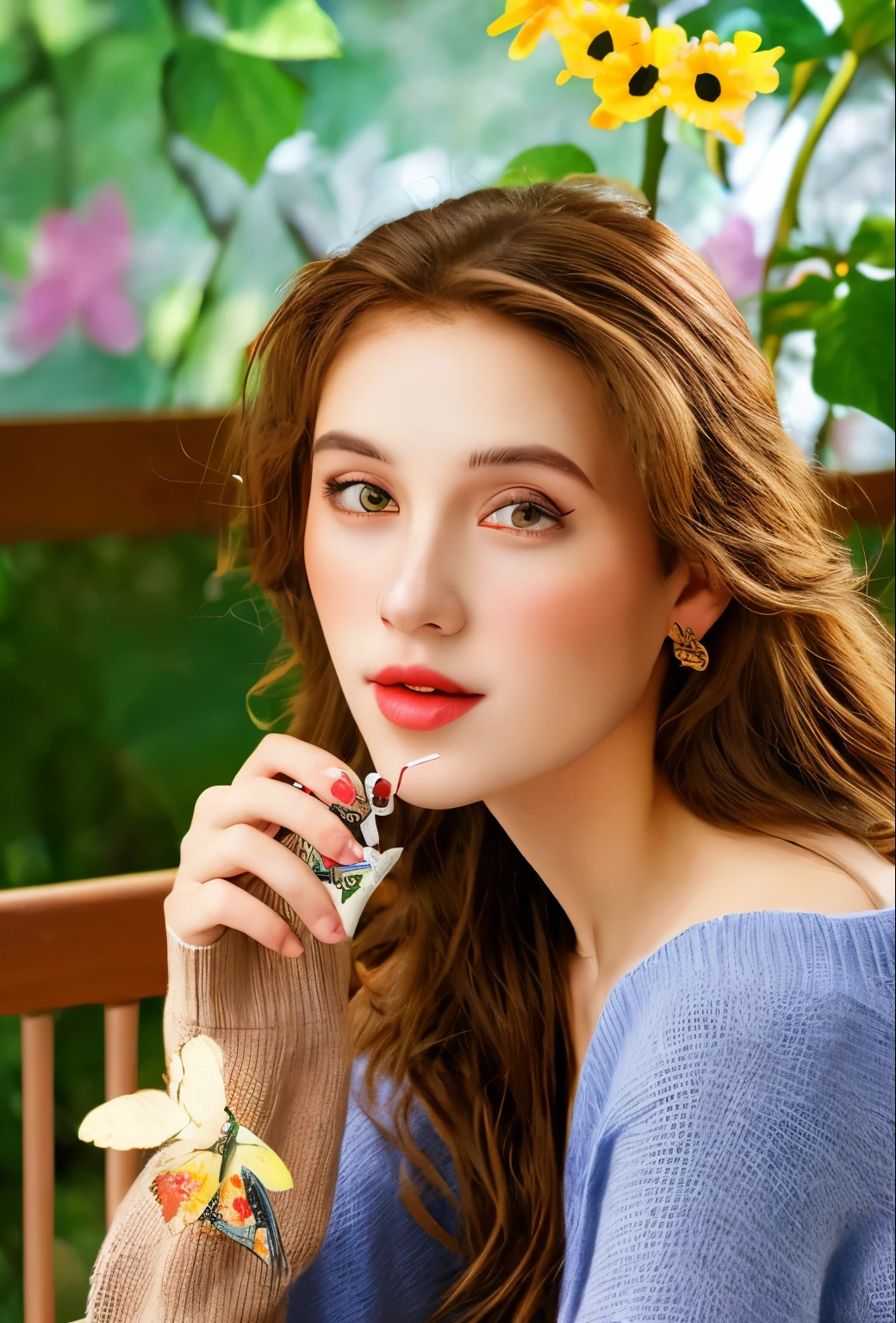 make a 300dpi, 18k, hd, hyper realistic. of a 21 years old, red brown-haired, pure light skin, brown eyes, red full lips with beautiful woman, wearing a sweater holding a cup of tea, on her wide veranda you can see the blooming sunflower and many butterflies there in the background of the clear blue sky 