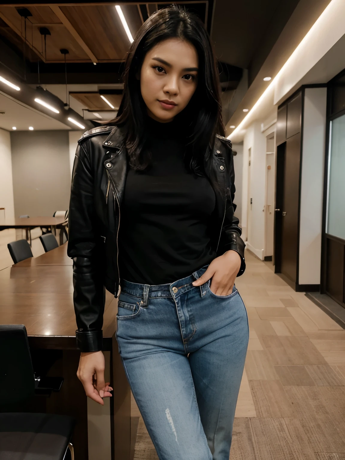 a young man from Indonesia, black hair parted in the middle, a black shirt, jeans and a beautiful celebrity from Indonesia named Dian Sastro Wardoyo wearing a leather jacket, jeans. location in the meeting building.