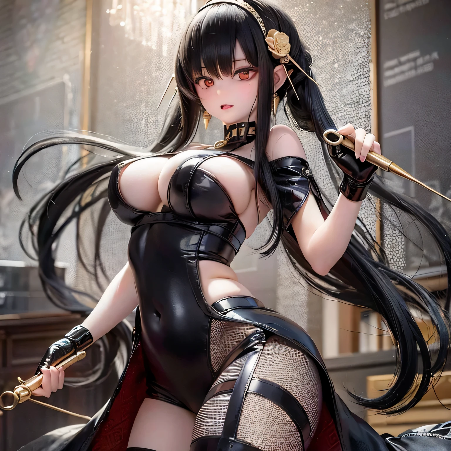 (best quality,4k,highres,masterpiece:1.2),ultra-detailed,realistic,long black hair,beautiful detailed eyes,beautiful detailed lips,wielding weapons,long flowing hair,serious expression,dark atmosphere,sharp focus,detailed weapon,studio lighting,vivid colors,physically-based rendering black long dress