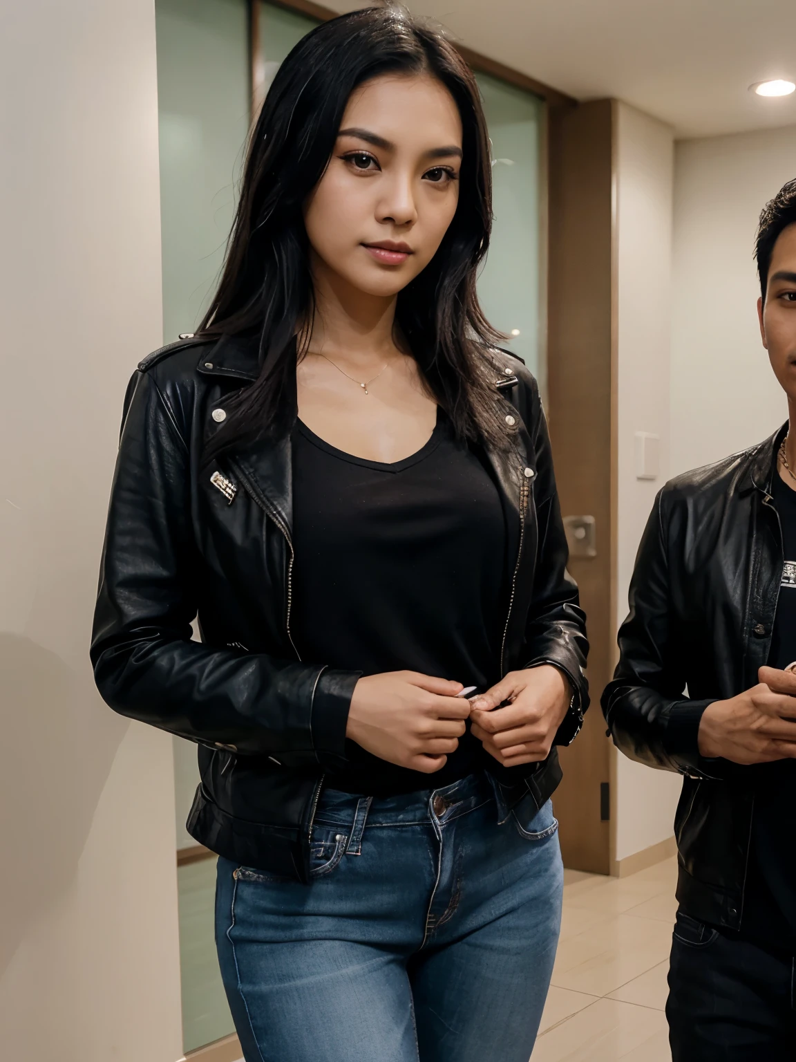 a young man from Indonesia with black hair parted in the middle, a black shirt, jeans, who was taking a photo with a beautiful celebrity from Indonesia named Dian Sastro Wardoyo, wearing a leather jacket, jeans. location in the meeting building.