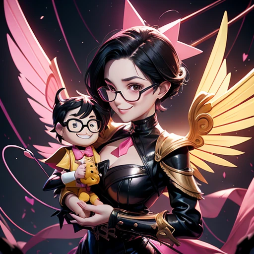 A ventriloquist's dummy with a long nose, pale face, big smile, slightly spiky black hair, wearing a pair of pink and yellow glasses, black and pink armor, triangle-shaped core in the center of the chest, large cardboard wings, suspended from the air, with wires holding him, Large stature, Cannon on the left arm, White high heels, Very eccentric and petty personality, greedy, rollercoaster environment