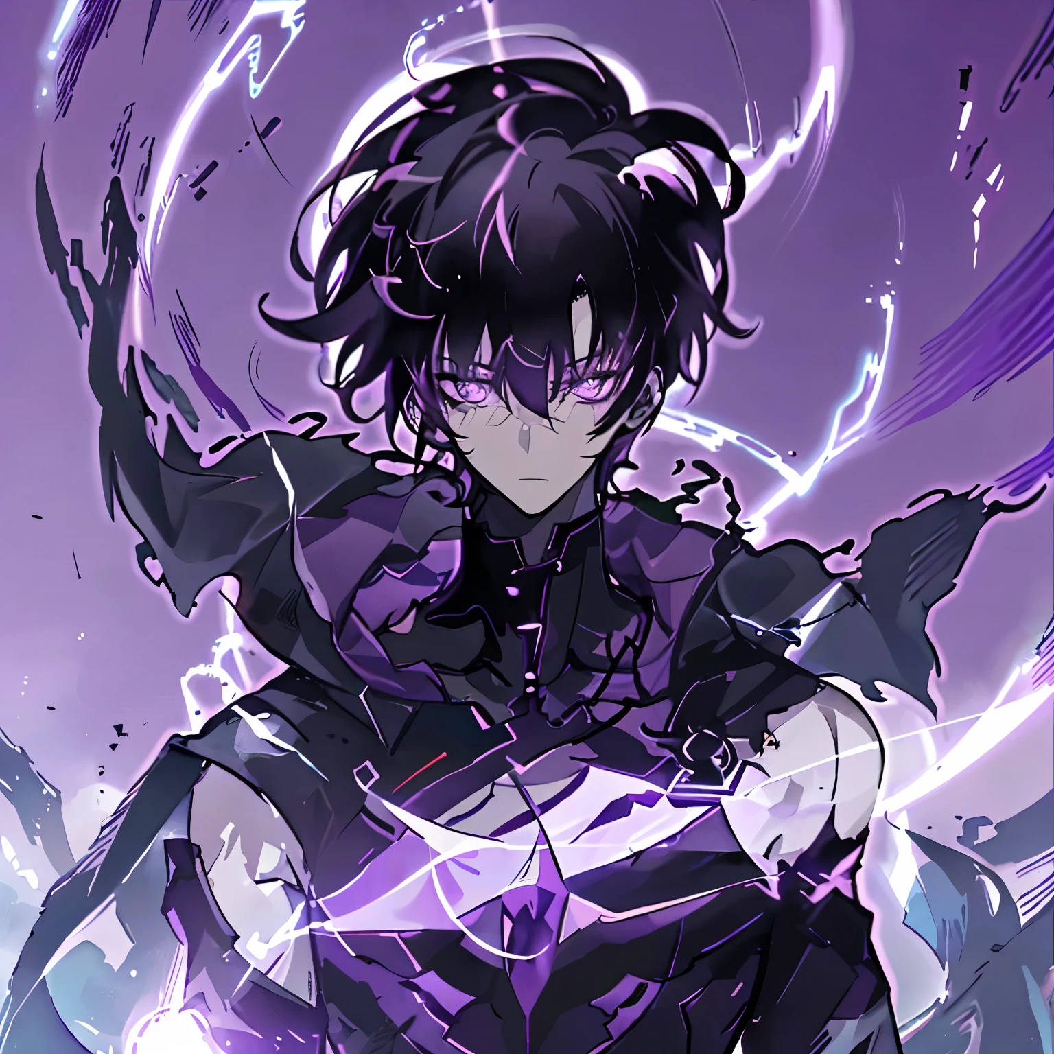 1girl,solo leveling, sung jinwoo,1man, highres,high quality, masterpiece,has a purple aura outside his clothes, wearing a black costume, black hair, angry ,badas, perfect fingers,face to face, 8k resolution