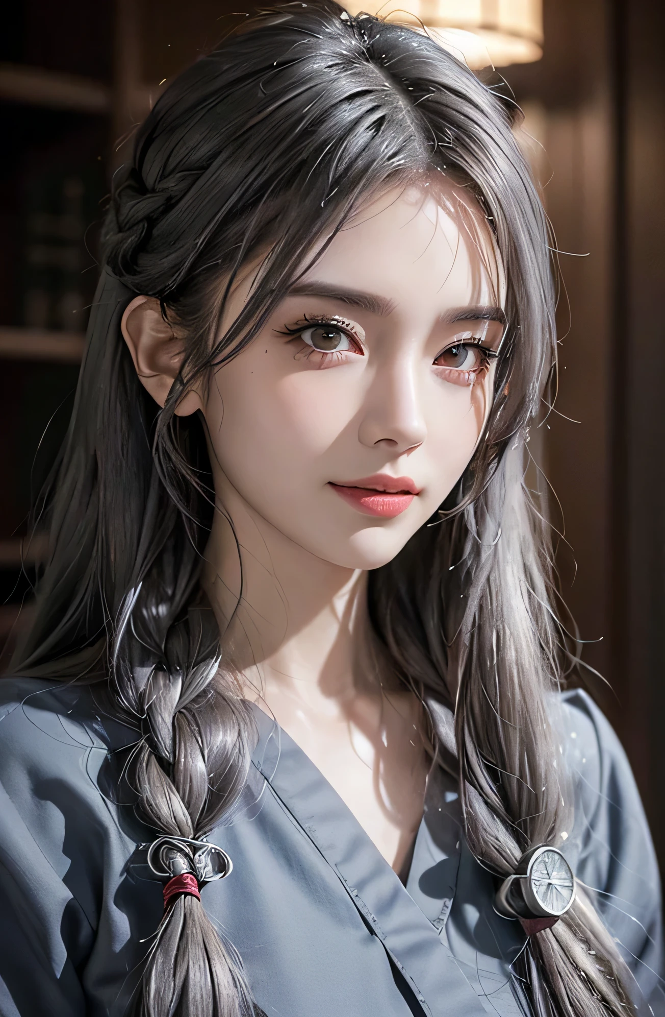realistic, High resolution, 1 female, alone, hip up, look at the audience, (detailed face), gray hair, long hair, doctor costume, name tag,Always detailed face and skin, detailed eye, 非Always detailed face and skin,Half-up hairstyle,gray hair, long hair, doctor costume,smile,close up of face