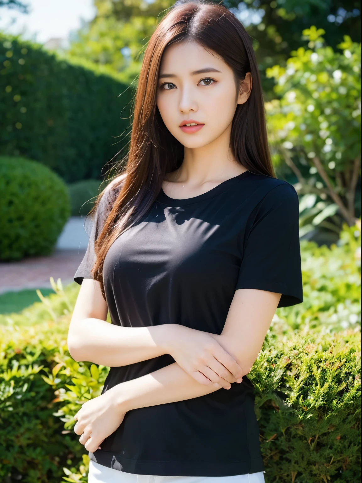 ( (8K:1.27), highest quality, masterpiece, ultra high resolution:1.2) pictures of beautiful japanese women (beauty:1.1) (black shirt) , fantasy, detailed, geometry, gradient lighting, 1 girl, delicate skin, looking at the viewer, brown eyes, (Medium chest: 0.8), (photo1.4), (highest quality:1.0), (ultra high resolution:1.0), 8K, Raw photo, (masterpiece:0.2), (Pueros face_V1:0.5),night, garden, very tired