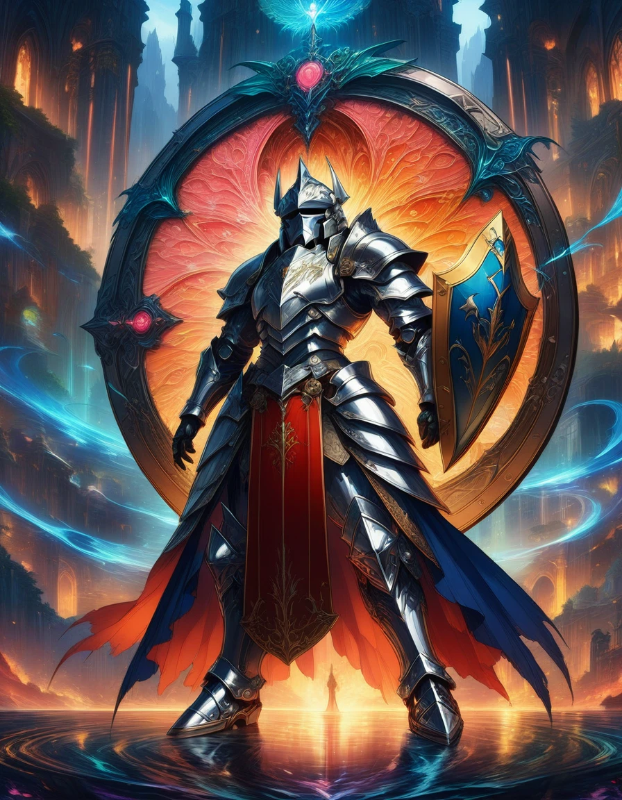 1girl, Knight holding a shield, breathtaking A highly detailed digital painting of a powerful knight in armor holding a large, ornate shield in a heroic stance, extremely detailed full body knight in shiny silver armor with intricate patterns, standing in a dramatic pose, one hand holding a massive, circular shield with a glowing crest in the center, shield has beautiful engraved swirls and runes, shining metal, cinematic lighting, illustration by artgerm and greg rutkowski and alphonse mucha, digital painting, award-winning, professional, detailed matte painting, deep color, fantastical, intricate detail, splash screen, complementary colors, fantasy concept art, 8k resolution trending on Artstation Unreal Engine 5 . (masterpiece), (best quality), (ultra-detailed), very aesthetic, illustration, disheveled hair, perfect composition, moist skin, intricate details, anime artwork, anime style, visual, vibrant, studio anime, highly detailed, aesthetic