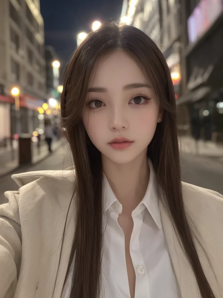high resolution 8k beautiful face beautiful woman long eyelashes thin eyebrows natural lips beautiful eyes white skin straight hair medium hair brown hair wide forehead white shirt black jacket suit night view light street light