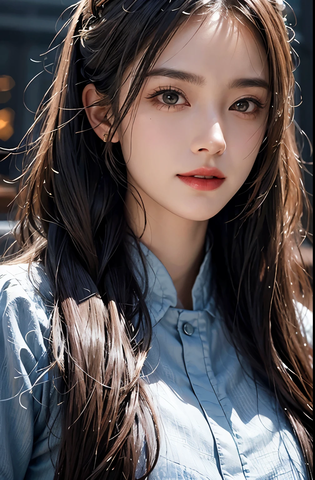 realistic, High resolution, 1 female, alone, hip up, look at the audience, (detailed face), gray hair, long hair, doctor costume, name tag,Always detailed face and skin, detailed eye, 非Always detailed face and skin,Half-up hairstyle,gray hair, long hair, doctor costume,smile,close up of face,smile
