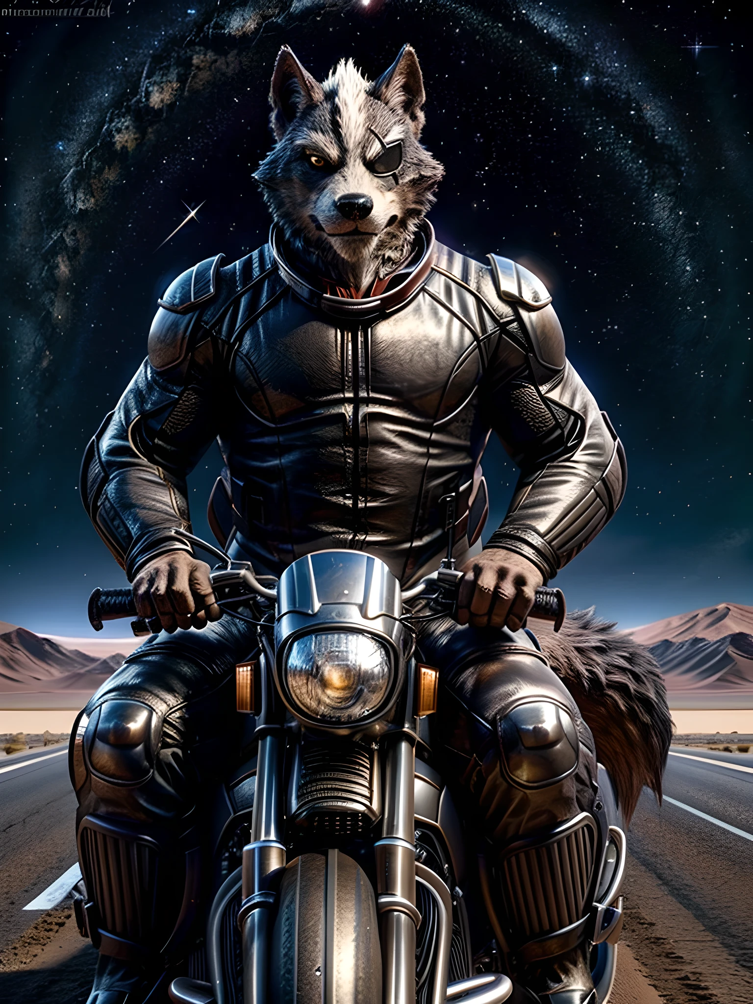 wolf o'donnell, 4k, high resolution, best quality, posted on e621, solo, anthro body, male, adult, masculine, very muscular, correct anatomy, correct proportions, (desert, road, space, stars, blurry background, out-of-focus background:1.0), (masterpiece, photorealistic, realistic, realistic lighting, realistic fur, realistic shadows:1.0), beautiful lighting, (upper body), eyepatch, stern face, sitted in a motorcycle, double purpose motorcycle, all terrain motorcycle, 