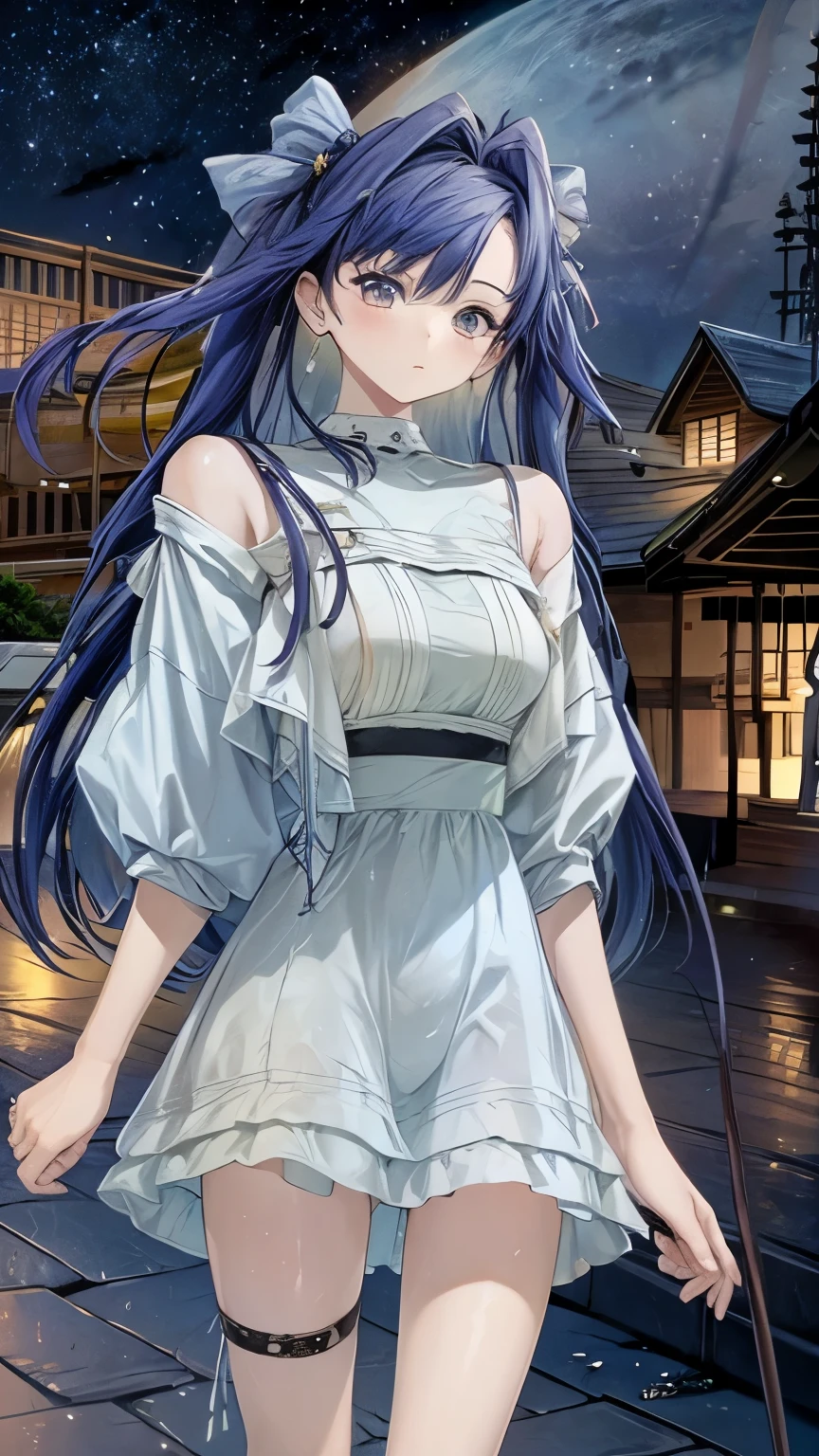 Voyager from Reverse 1999, realistic, beautiful city background, night sky with stats, casual outfit, short Sleeve wear, casual wear, 1 woman, big breast, night blue long hair