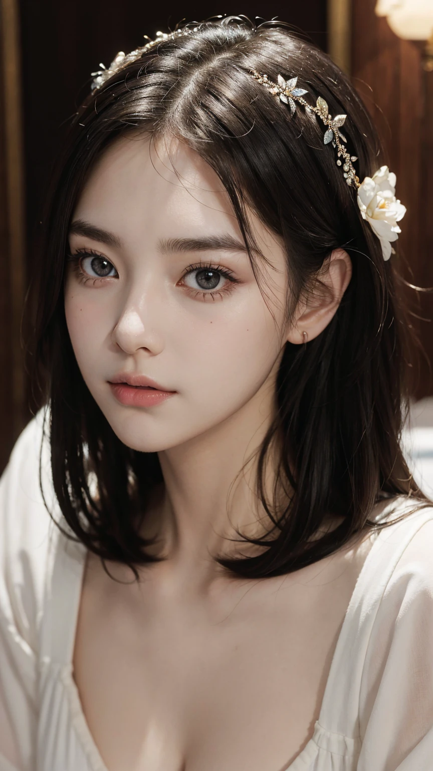 ((masterpiece、highest quality、realistic、super detailed、High resolution、Photoreal、sharp focus、cinematic lighting))、Stunning portrait of a beautiful woman、bust shot、high color saturation、high contrast、Oval face and symmetrical facial structure、Big eyes、Khazar eye color、almond shaped eyes、straight and balanced nose、soft wavy black hair、heart shaped lip、perfect eyebrows、perfect ears、soft skin、pale white skin、raise your chin slightly、closed your mouth、slight smile 、plain background、focus from the chest up