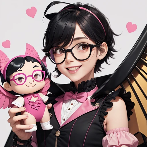 A ventriloquist's dummy with a long nose, pale face, big smile, slightly spiky black hair, wearing a pair of pink and yellow glasses, black and pink armor, triangle-shaped core in the center of the chest, large cardboard wings, suspended from the air, with wires holding him, Large stature, Cannon on the left arm, White high heels, Very eccentric and petty personality, greedy, rollercoaster environment