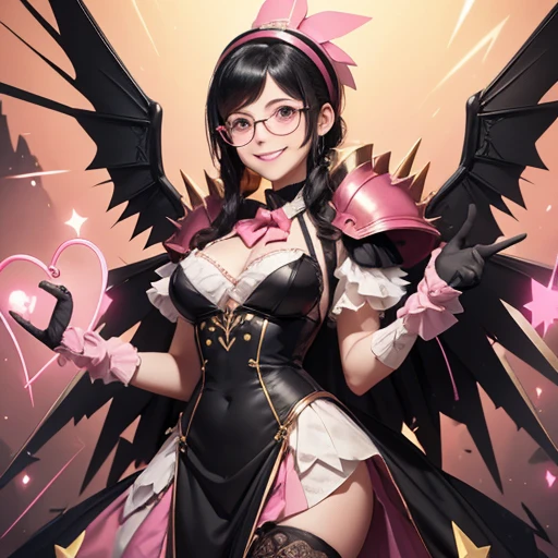 A ventriloquist's dummy with a long nose, pale face, big smile, slightly spiky black hair, wearing a pair of pink and yellow glasses, black and pink armor, triangle-shaped core in the center of the chest, large cardboard wings, suspended from the air, with wires holding him, Large stature, Cannon on the left arm, White high heels, Very eccentric and petty personality, greedy, rollercoaster environment