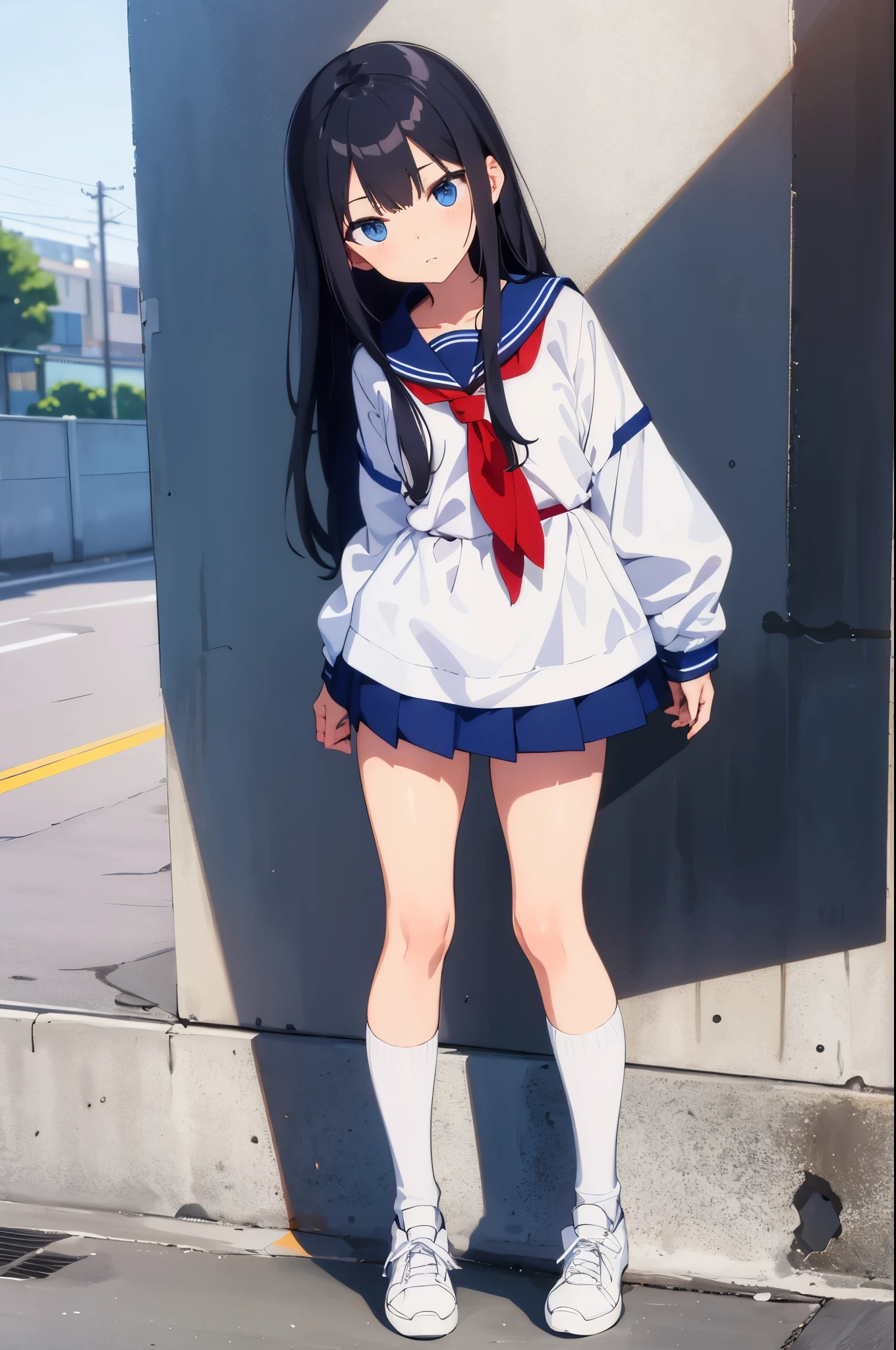 school gymnasium　elementary school girl　
8-year-old　flat chestlhair　long hair 
White blue  eyes are （（1 person））　Upper half length sleeve white sailor uniform　Lower body navy blue miniskirt（（White panties are visible））　black socks　sneakers　stand by the wall　spread your legs a little　I can see white panties　dynamic angle　upper body center　Low angle from the front
