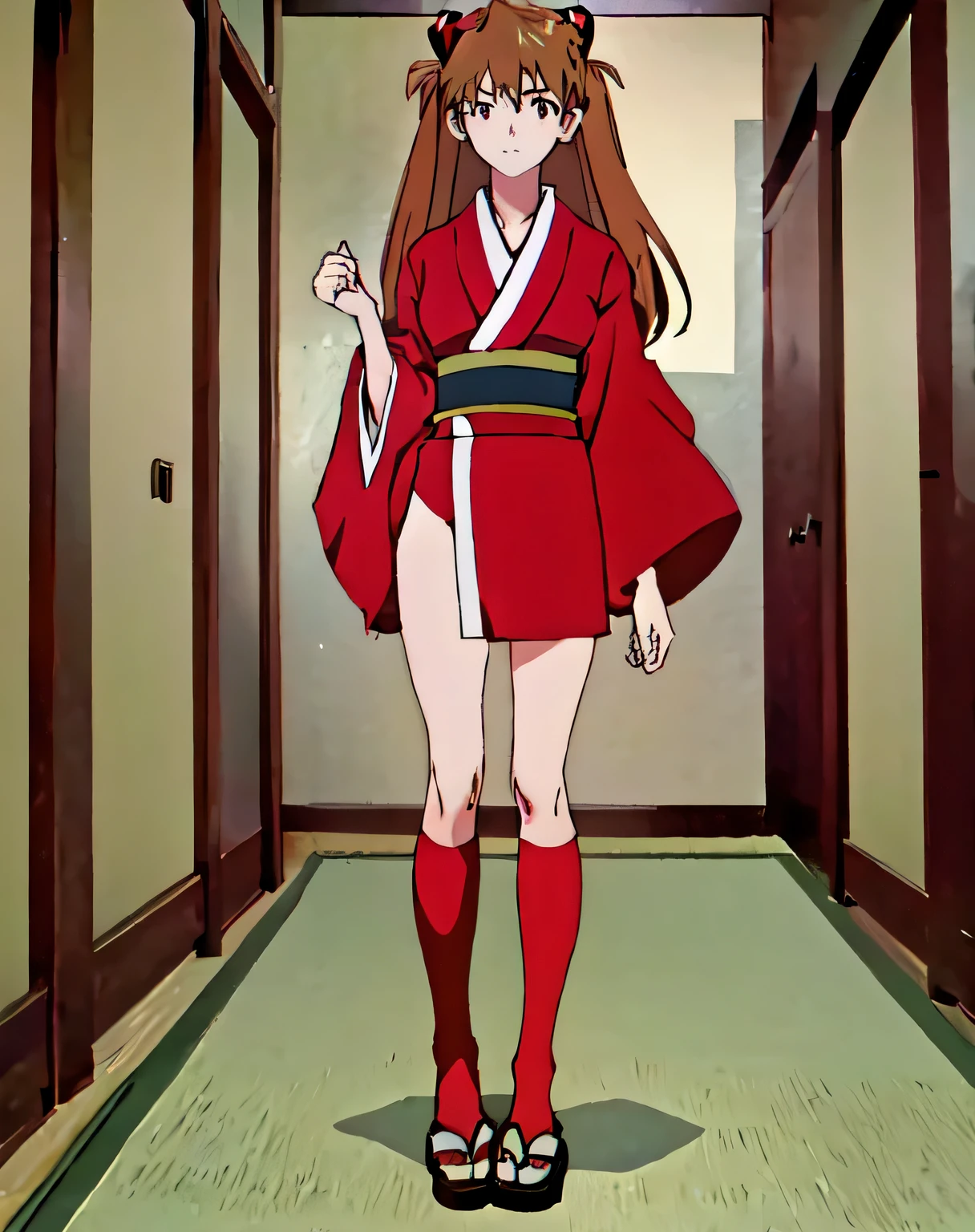 masterpiece, best quality, souryuu asuka langley, girl, medium breasts, red kimono, red high socks, full body view