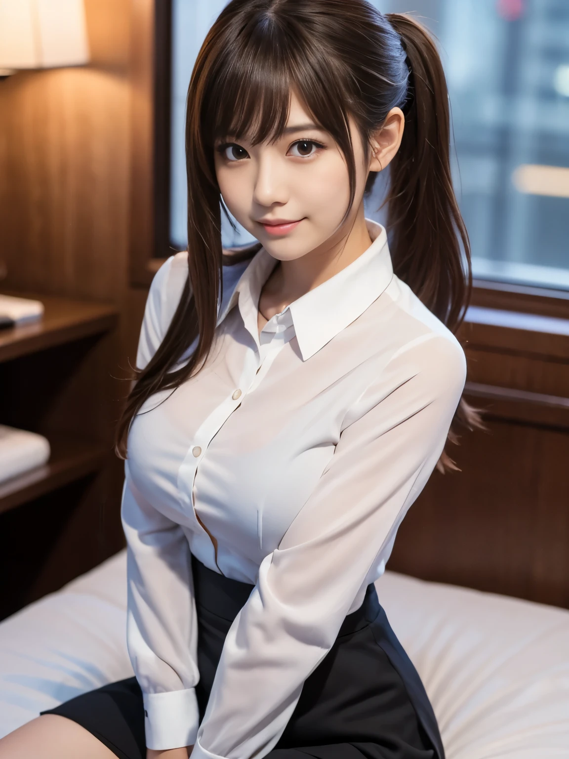 1girl, Solo, pantyhose, Brown eyes, Looking at Viewer, (office lady suit), sit on the bed, Brown hair, medium hair, messy hair, asymmetrical bangs, short ponytail, Black jacket, blush, (collared white shirt), Black tight skirt, Long sleeves, Suit, Large breasts, cleavage, Formal, Smile, Black pantyhose, a beauty girl ,8K, high resolution,Raw photo, (masutepiece:1.2), (Best Quality:1.2), Realistic, Photorealsitic, Sharp Focus,moody lighting, blue hour, Japanese idol, 28 years old, tall, Glamour, flank、