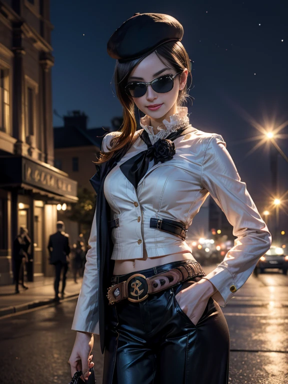 (masterpiece,stunning girlfriend, (standing:1.1), dynamic pose, heart shaped face,elegant face, beautiful face, highly detailed face, highly detailed skin, skin pores, subsurface scattering, realistic pupils, loving smile, looking at viewer, full lips, detailed background, depth of field, atmospheric perspective, volumetric lighting, sharp focus, absurdres, realistic proportions, good anatomy, (realistic, hyperrealistic:1.4), 16k hdr, (masterpiece, best quality:1.2), cowboy shot, solo, 1girl, coco adel, grin, looking at viewer, hand on hip, beret, sunglasses, white shirt, black tie, office suit, black shoes, black gloves, (blazer and matching pants), jewelry, belt, standing outdoors, night, stars, the white house, Washington DC, crowds
