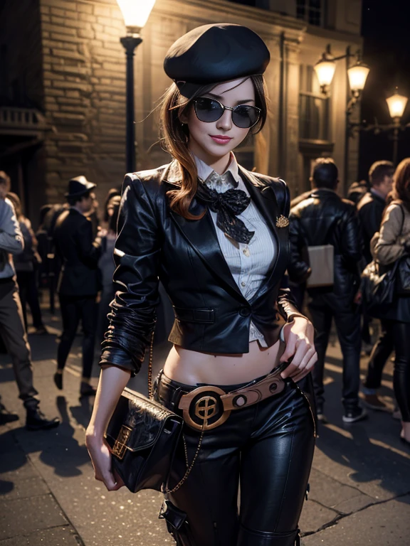 (masterpiece,stunning girlfriend, (standing:1.1), dynamic pose, heart shaped face,elegant face, beautiful face, highly detailed face, highly detailed skin, skin pores, subsurface scattering, realistic pupils, loving smile, looking at viewer, full lips, detailed background, depth of field, atmospheric perspective, volumetric lighting, sharp focus, absurdres, realistic proportions, good anatomy, (realistic, hyperrealistic:1.4), 16k hdr, (masterpiece, best quality:1.2), cowboy shot, solo, 1girl, coco adel, grin, looking at viewer, hand on hip, beret, sunglasses, white shirt, black tie, office suit, black shoes, black gloves, (blazer and matching pants), jewelry, belt, standing outdoors, night, stars, the white house, Washington DC, crowds
