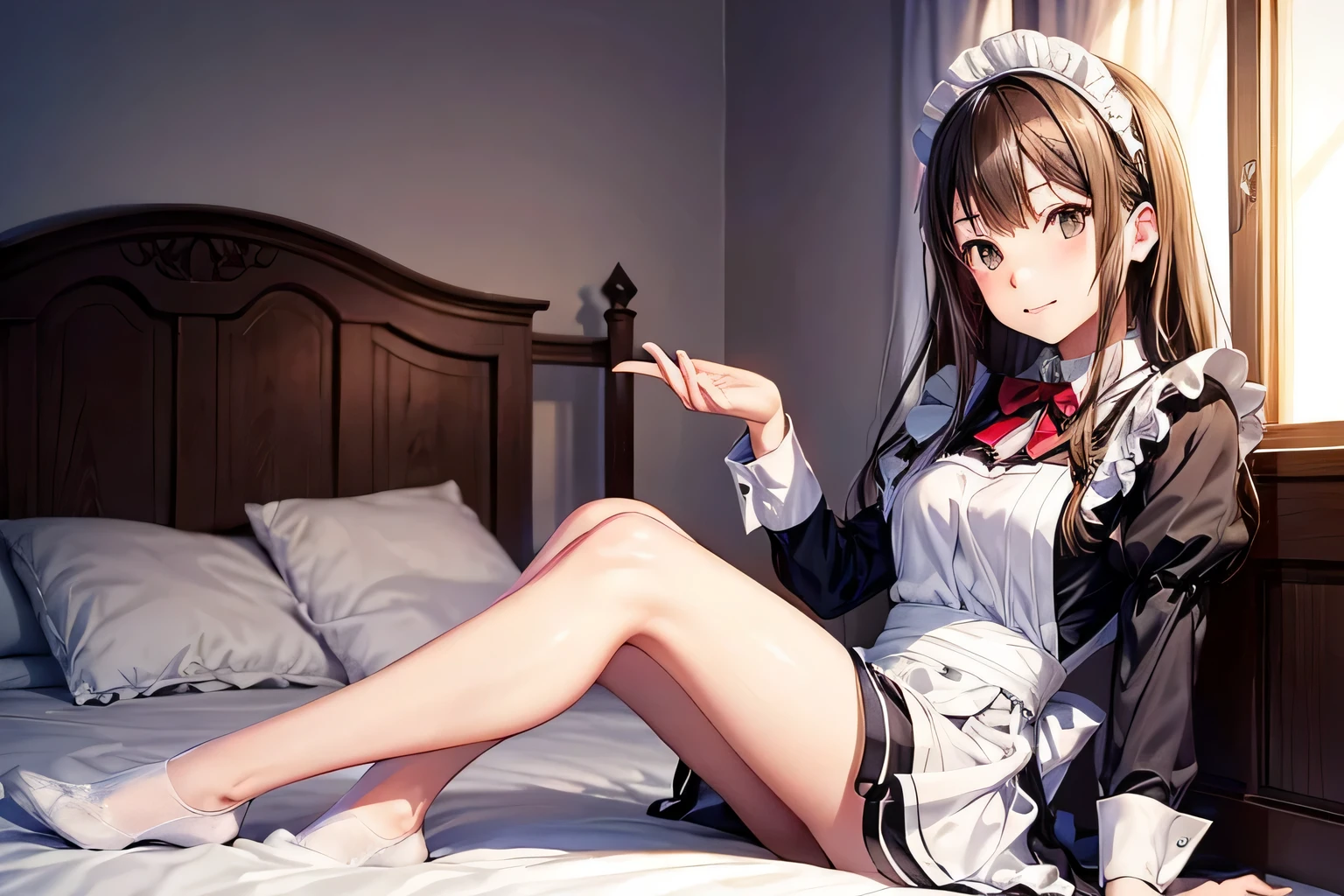 (Rin Shibuya)),first-class、cute maid outfit、Slender beauty、1 person、Redness、sitting、bed