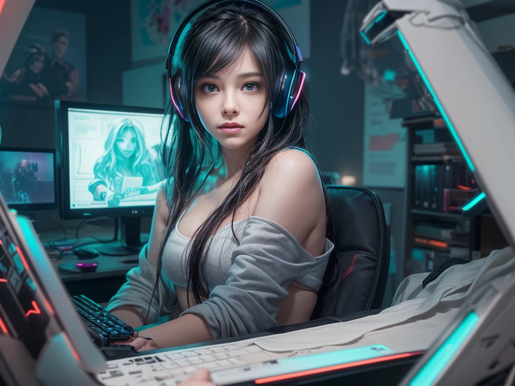 ultra-detailed, cute woman, petite stature, enormous breasts, white skin, alluring figure, black long messy hair, long upper eyelashes, eyebrows behind hair, upturned eyes, light blush, seductive smile, background((dark and messy gaming room, Server Machine, neon lights, Braces, some Computer screen, notebook)), messy paper, flight, Debris flying, writing border depth, Movie, Finished lunch box, Cup drinks, (((seated in a gaming chair))), ((sitting behind a computer)), ((Cross the feet)), (engrossed in staring at the computer screen:1.4), ((hands moving on the keyboard)), ((black RGB gaming headset)), , ((Blue jacket)), Open one shoulders, ((black short bandeau top)), ((white skirt), ((black thigh-high stockings)), ((screen light)), HDR, Premium shadow, Perfect painting, visual art, Perfect art, super detail, chiaroscuro, Best quality, super textured skin, super detail face, perfect face, Super fine facial details, beautiful and delicate eyes, perfect eyes, correct limbs, correct finger, super detail finger, best hair quality, best clothing quality, (((best prop quality))), ccurate, highres, super detail, masterpiece,, (photorealistic:1.3)