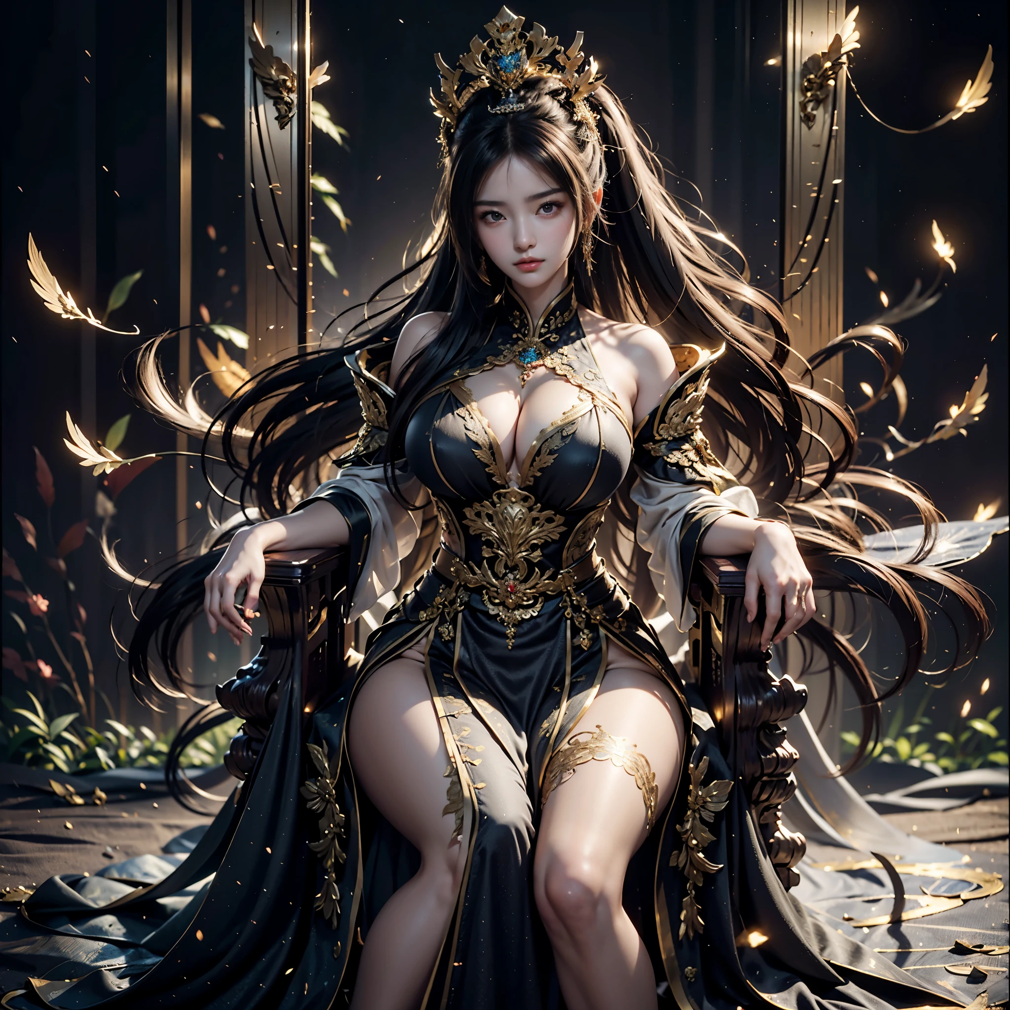 a woman sit on the throne with a sword and a sword, sitting in a gilded throne, 一把sword插在中间，sword，精美华丽的sword在她的寶座上, Gurwitz style artwork, sitting on a golden throne, Beautiful fantasy queen, sitting on a golden throne, Sitting on an intricate throne, sitting on her throne, sit on the throne, sit on the throne, 古威兹masterpiece, golden throne，8K，ultra high resolution，ultra high definition，masterpiece，high ponytail，huge breasts，anatomically correct，perfect face，supermodel，delicate skin，