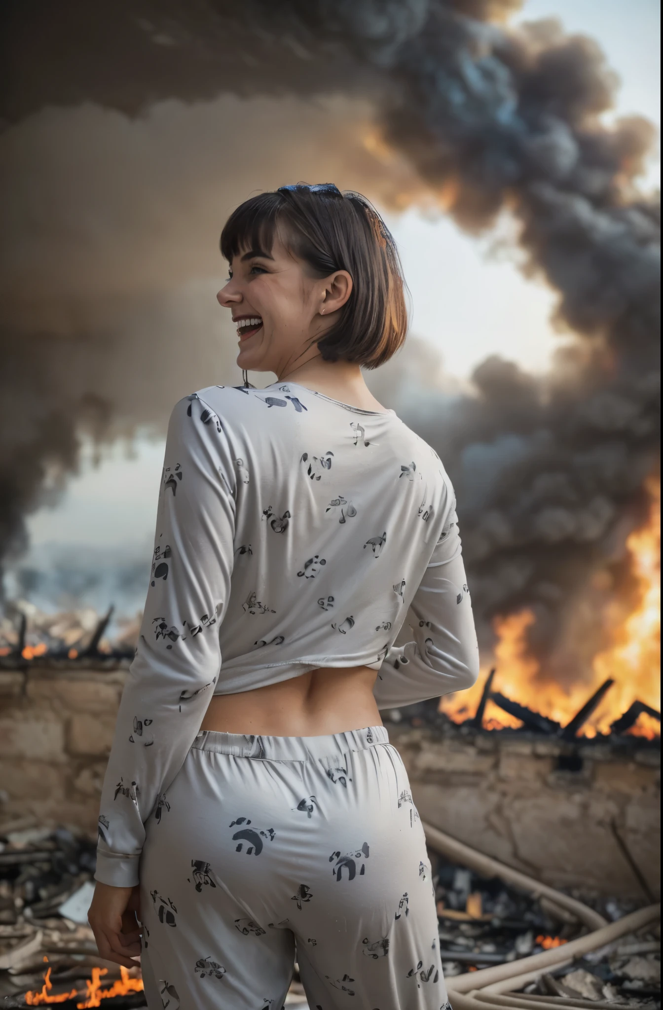 analog photo, (close portrait, 22 years old very beautiful French woman, stunning beauty:1.4), (from behind, twistted torso, head tilt, looking at the viewer:1.5), (bear print pajama pants, cotton pajama long sleeve top:1.5), (short bob hair with bangs:1.2), slim, (gigantic tits:1.1), (face focus:1.5), (outside, near an old tuff house in Matera that caught fire after an explosion, fire, explosion, big bang, fog, laugh, smile, sarcastic, mean:1.5), selective focus, colorful polaroid with vibrant colors, dramatic, high contrast, high saturation, film grain, navy-blue, red, white, epiCPhoto
