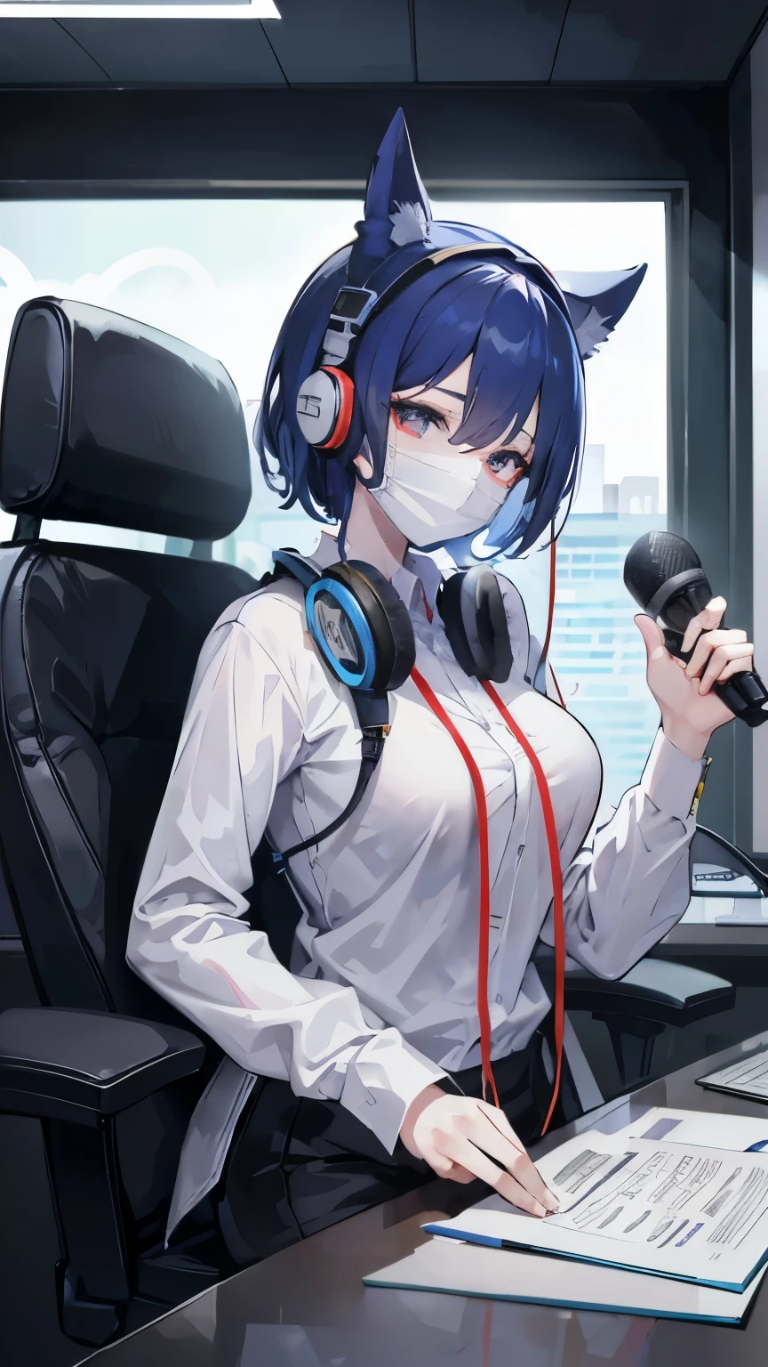 mask women with headphone and Professional Condenser Microphone loocking at camera wearing TIGHT office outfint blank backgroung, STANDING FULL BODY,    BLANK BACKFROUND, LOOKING STRAIGHT