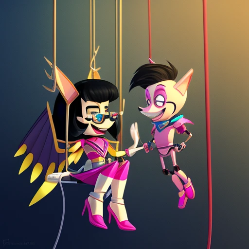 A ventriloquist's dummy with a long nose, pale face, big smile, slightly spiky black hair, wearing a pair of pink and yellow glasses, black and pink armor, triangle-shaped core in the center of the chest, large cardboard wings, suspended from the air, with wires holding him, Large stature, Cannon on the left arm, White high heels, Very eccentric and petty personality, greedy, rollercoaster environment