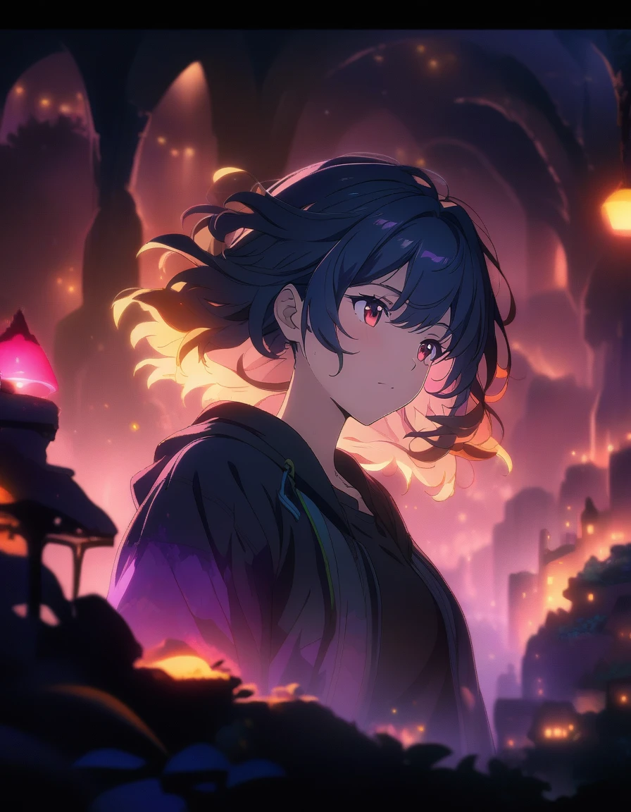 1girl, underground cavern, bustling miniature city, cozy lights, warm friendly feeling, professional, physically-based rendering, vivid colors, portraits, (dark ambient lighting:1.1) . (masterpiece), (best quality), (ultra-detailed), very aesthetic, illustration, disheveled hair, perfect composition, moist skin, intricate details, anime artwork, anime style, visual, vibrant, studio anime, highly detailed, aesthetic