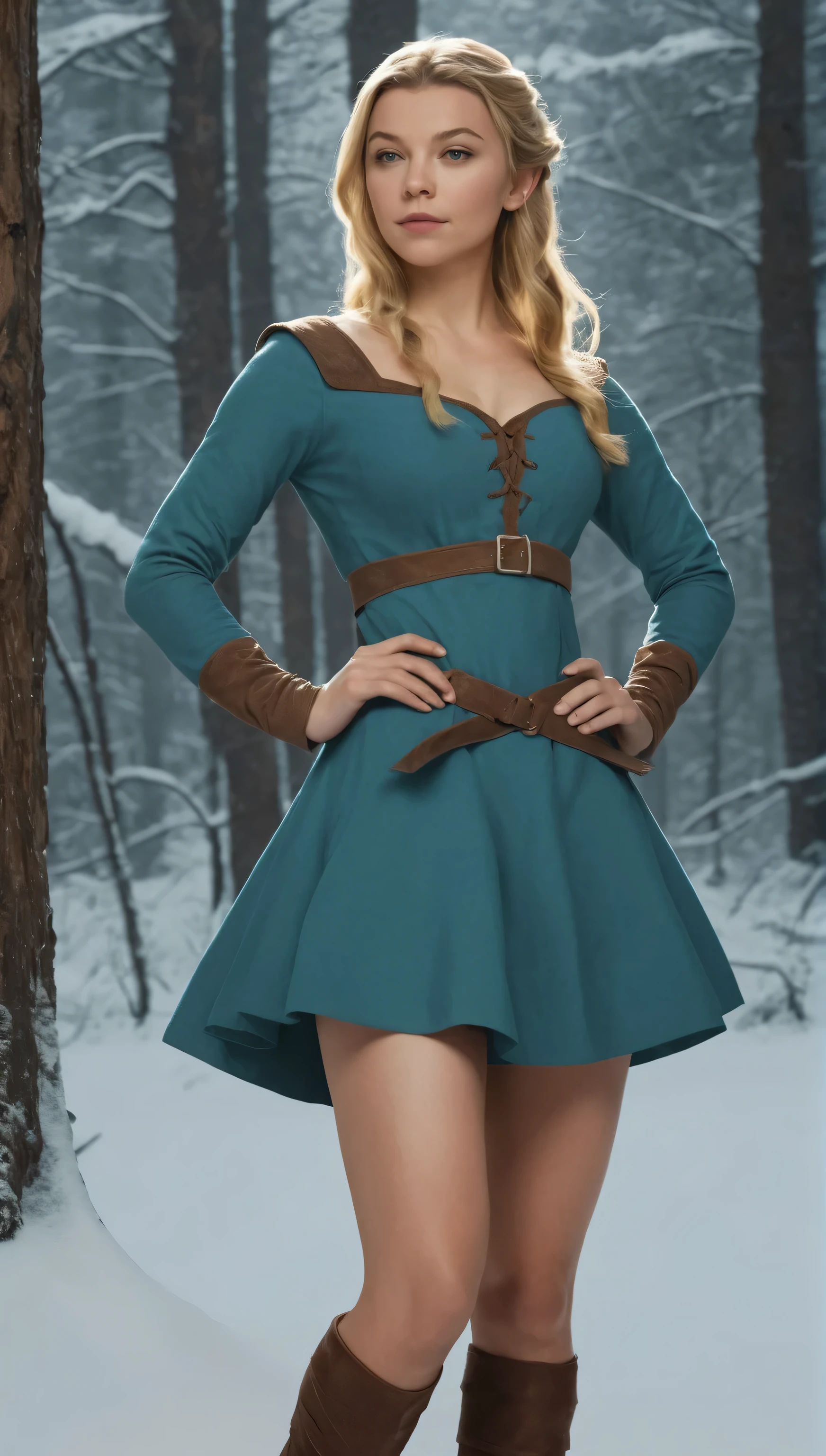 An illustrated movie poster, hand-drawn, full color, a teenage elven girl, wearing corduroy mini-dress, resembles Natalie Dormer, sun-tanned complexion, very tall, athletic body, hourglass figure, curvy, toned midriff, bottom-heavy, generous hips, massive bubble-butt, long legs, ridiculously thick powerful thighs, long pointy elf ears, blonde hair, long loose waves, posing in a snowy boreal forest, hard shadows, graphite shading, stencil marks, airbrushed acrylic paint, masterpiece, in the style of Skyrim 