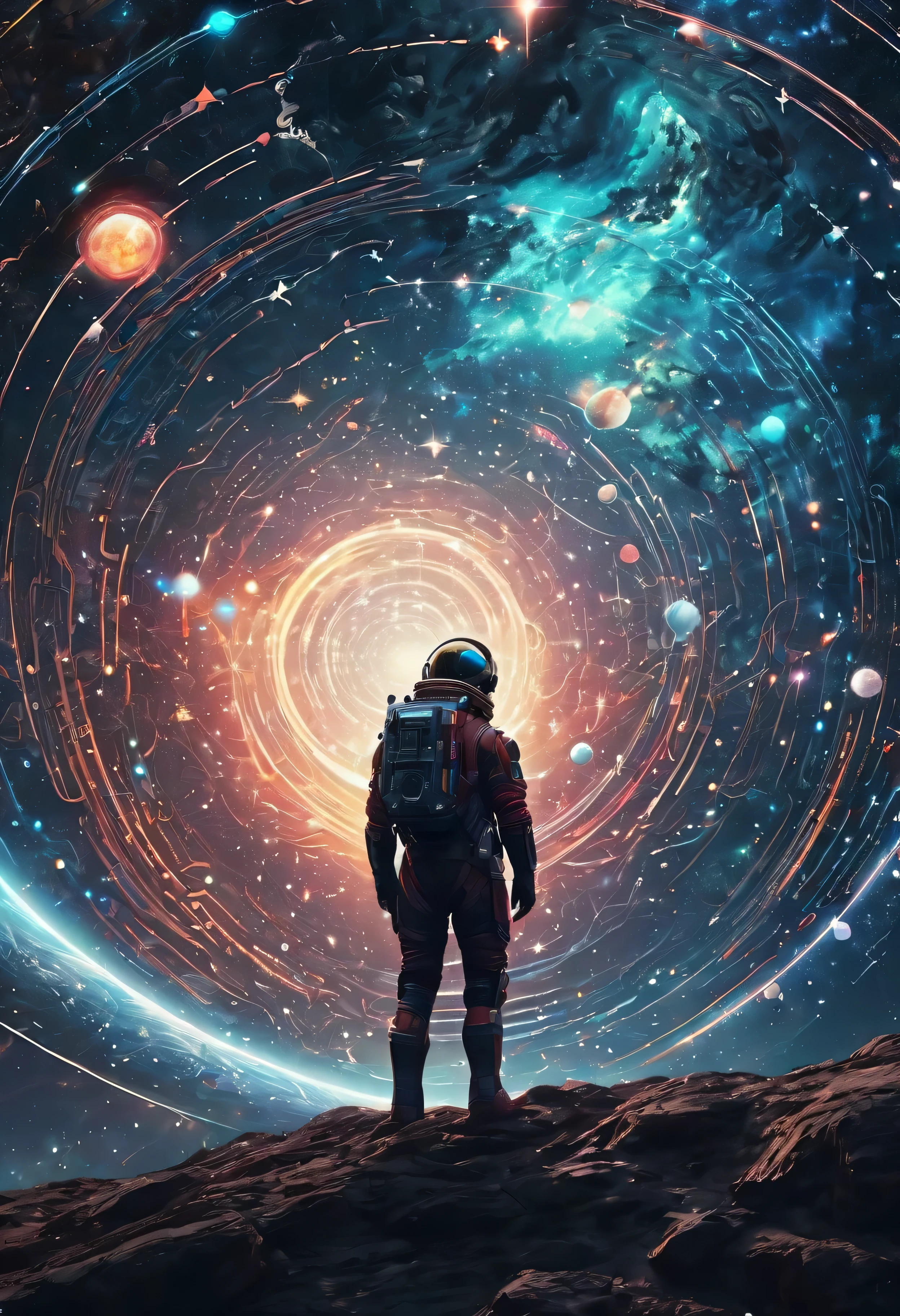 A breathtaking blend of Sebastien Hue's signature style and awe-inspiring sci-fi posters, showcasing an extravagant universe where intricate patterns form hypnotic constellations of light amidst swirling nebulae