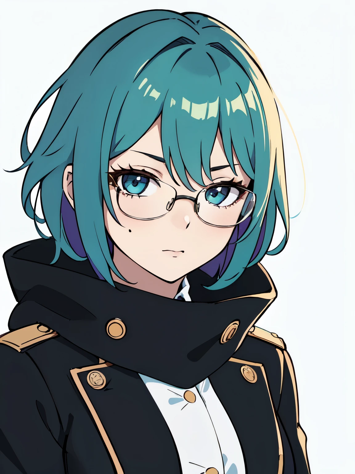 masterpiece, best quality, highres, portrait, 1girl, short green pastel hair, glasses, black armor, long scarf, black coat, jelotopaz, a single mole under de mouth