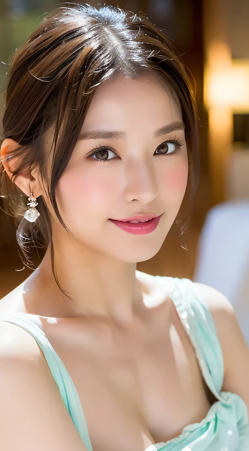 (highest quality, 4k, masterpiece :1.3), 
sharp focus, shallow depth of field, Bright colors, professional level, 
20-year-old, 1 person, (Half Japanese and German woman）, The face of a famous Japanese actress, 
Supple body :1.3, model body shape:1.5, perfect style：1.4, 
narrow shoulders, beautiful clavicle, long and thin legs, 
delicate body shape, The beauty of slim abs :1.2, thin waist :1.2, 
super detailed skin, Fair skin, Shiny skin, super detailed face, 
slim facial contour, beautiful small face, Beautiful lined nose, 
super detailed eyes, long slit eyes, brown eyes, double eyelid, Beautiful thin eyebrows, fine long eyelashes, 
super detailed lips, plump lips, glossy pink lips, flushed cheeks, beautiful teeth, 
Beautiful actress&#39;s ennui makeup, pink lipstick, 
dark brown hair, delicate soft hair, 
(hair up, medium short hair, ponytail:1.2), 
layer cut, (dull bangs:1.2), 
(stylish looking earrings,necklace,bracelet,shiny nail art:1.2), 
cute smile, open mouth half way, Enchanted expression, ((stare at the viewer)), 
(((photorealism,Shoot the whole body from the thighs:1.5))), ((The body is facing sideways)), 
Photographed directly from the front, cinematic lighting, dynamic lighting, 

(Dress up in a tight green polka dot dress:1.2), 

Luxury resort outdoor pool, Flowers are blooming in the background, blur the background, 

((She is naked and wearing a tight nightgown.:1.4)), 
The areola of the breast is beautiful:1.2, 
(perfect breast shape, rich breasts:1.2), 
It is a small pale pink areola., 
(She has a cute plump butt, My thighs are dazzling),

(wet in the rain, wet in the rain, wet body :1.2),

