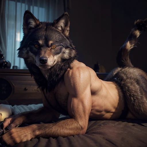 ((symmetrical eyes, dark retinas, simple eyes, large wide eyes)), ((solo)), anthro, male, (wolf), ((sexy, hairy body)), laying on side, shy, (tail:1.2), by blotch, by kenket, (masterpiece, 8k, (perfect hands), correct anatomy:1.2), detailed background, bed, dusk, tan fur, tail