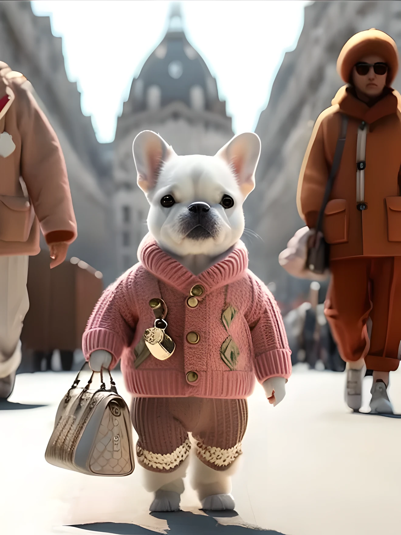 A fifty-year-old dog walking down the street wearing a sweater and pants, highly Snazzy, very Snazzy, Snazzy clothing fursona, very stylish, burberry, Snazzy, French Bulldog, Very fashionable, 2 0 2 0 fashion, high fashion themed, luxury fashion, From a scene from a movie, Wes Anderson and Gucci, Fashionista, wearing a sweater, in style of ultra realistic