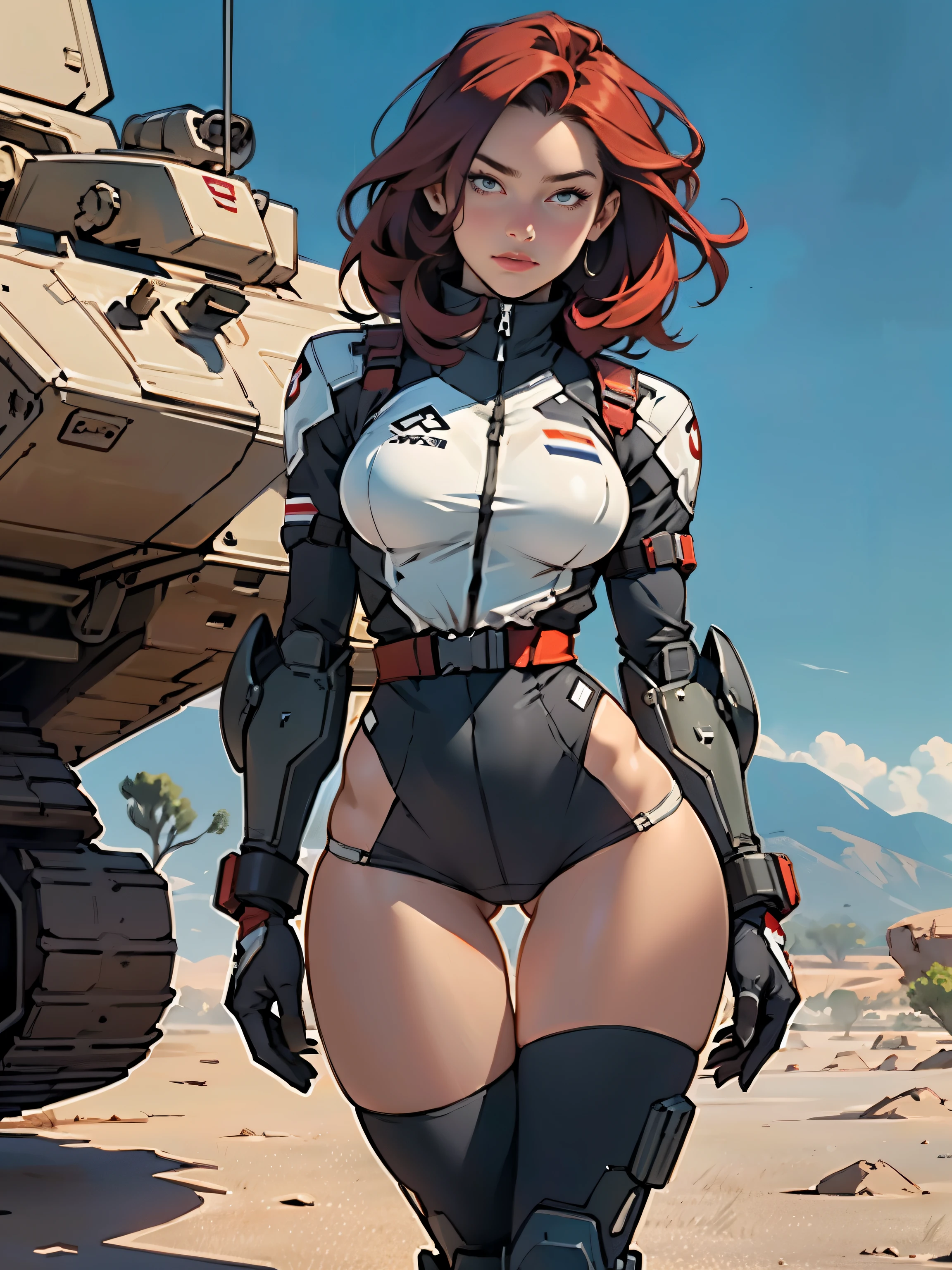 1woman 20 years old, military, camouflaged uniform, beautiful, perfect body, realistic, red hair, perfect body, thin waist,  , large breasts, slim thighs, desert background, armored vehicle, flying fighters, military robot dog, wealth of details, tight panties, marking on the front, slender knees, highly detailed, high resolution, prefect hands, slender thighs, thigh gap