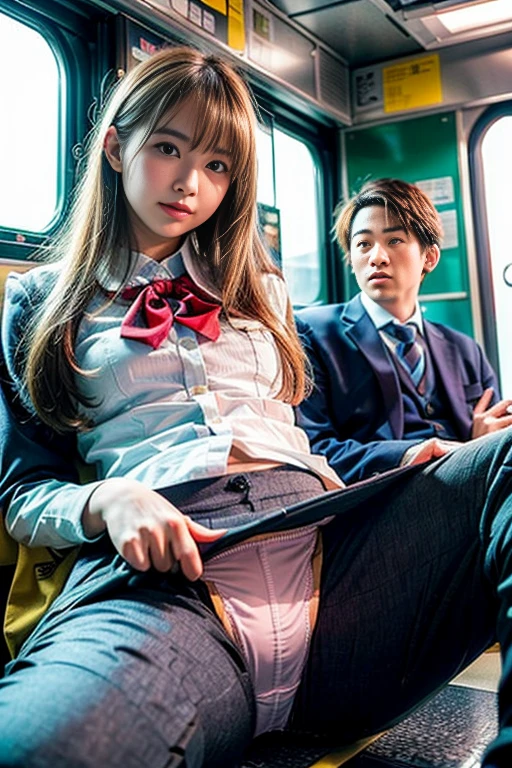 8K, RAW portrait (japanese woman),masterpiece、Photoreal:1.3、realistic, ultra high resolution, highest quality, real life photos ,( in the evening :1.1),(((show off panties:1.4)))、((visible panties:1.4))、((On the Yamanote Line train))、
((((1 girl:1.5)))), (((電車内でスカートをたくし上げてshow off your pants女子高生:1.4)))、(cute face:1.3)、日本の1 girl,((Two Japan schoolgirls))、((1 real high school girl))、((Japanese high school uniform:1.6))、 black hair,(Depth of written boundary:1.3)、 ((dark brown eyes:1.2))、(real skin texture:1.3)、(Immersive atmosphere:0.8、chiaroscuro:1.2) 、(view viewer:1.3)、((embarrassed look:1.3))、((red cheeks:1.1))、((from belowの天井:1.2))、((wearing very small silk panties))、((show off your pants:1.4))、((woman rolling up her skirt))、((from below:1.19))、((panties close up:1.15))、((highlight panties))、the cutest girl in the world、((spread your legs to the side:1.1))
