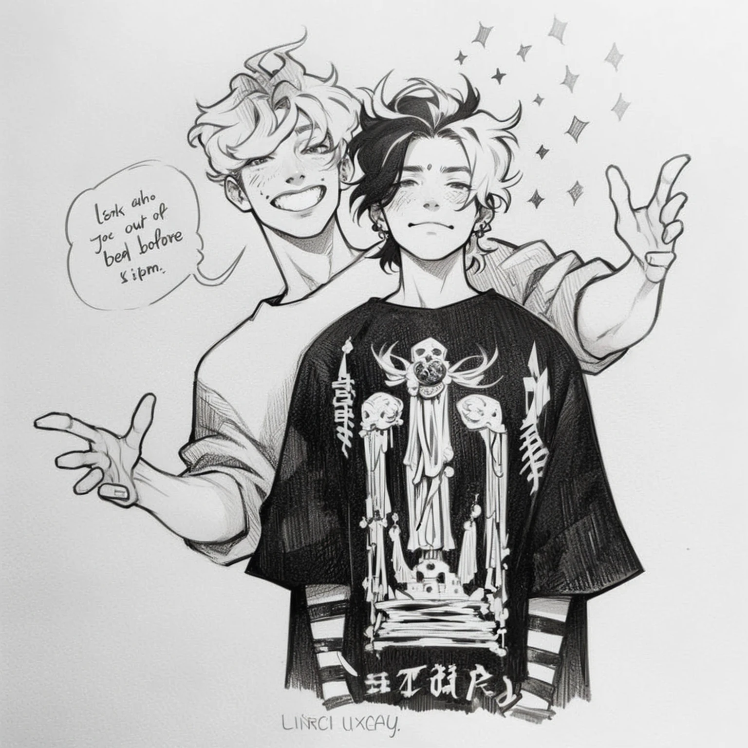 Drawing of a man and a woman with a clock in their hands, Black and white sketch, Rob Rey und Kentaro Miura-Stil, von Tite Kubo, von Kamagurka, Hochwertige Fanart, (inktober), Rob Rey and Kentarõ Miura style, cute boys, Sirius A und Sirius B, ✏️🎨, sweet work of art