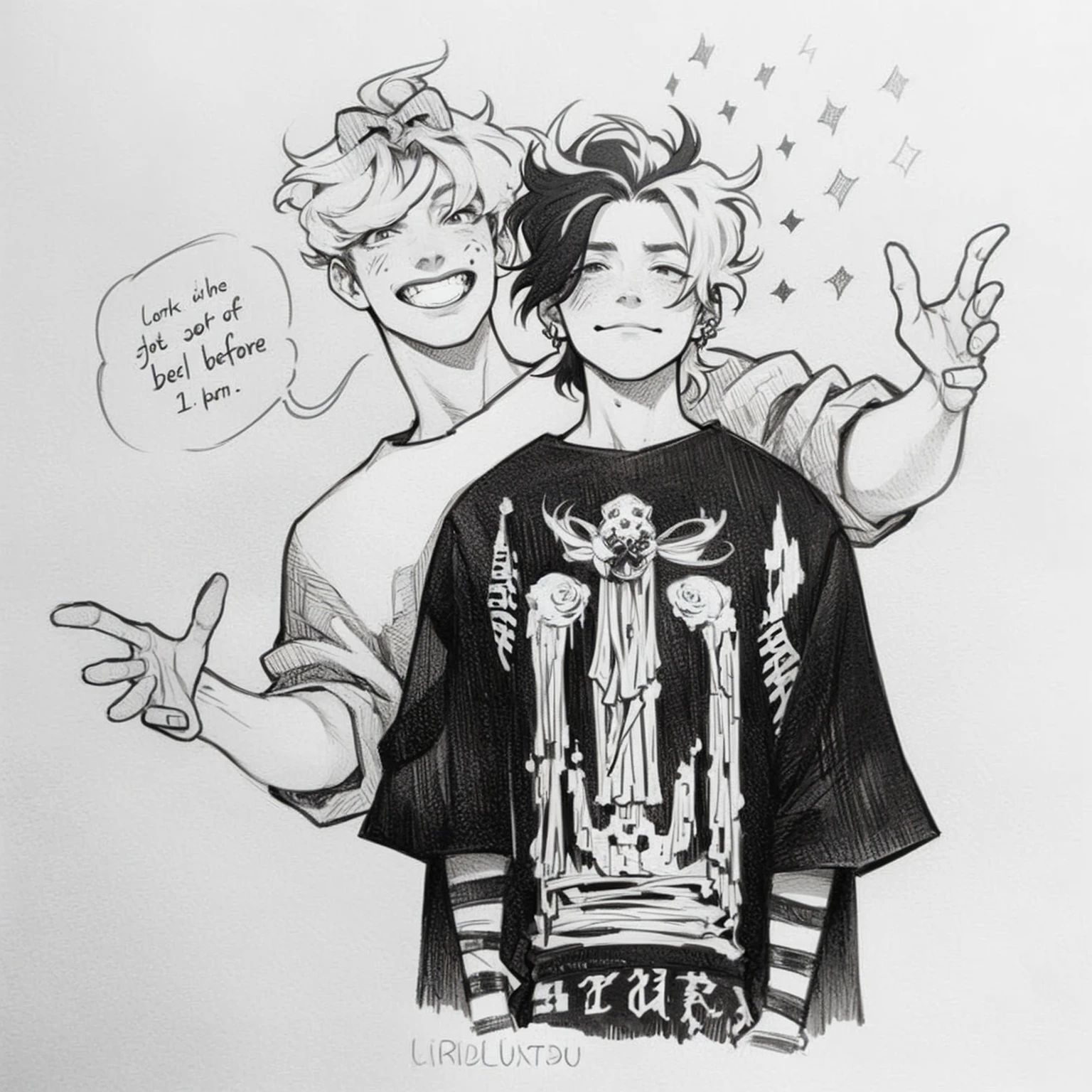 Drawing of a man and a woman with a clock in their hands, Black and white sketch, Rob Rey und Kentaro Miura-Stil, von Tite Kubo, von Kamagurka, Hochwertige Fanart, (inktober), Rob Rey and Kentarõ Miura style, cute boys, Sirius A und Sirius B, ✏️🎨, sweet work of art