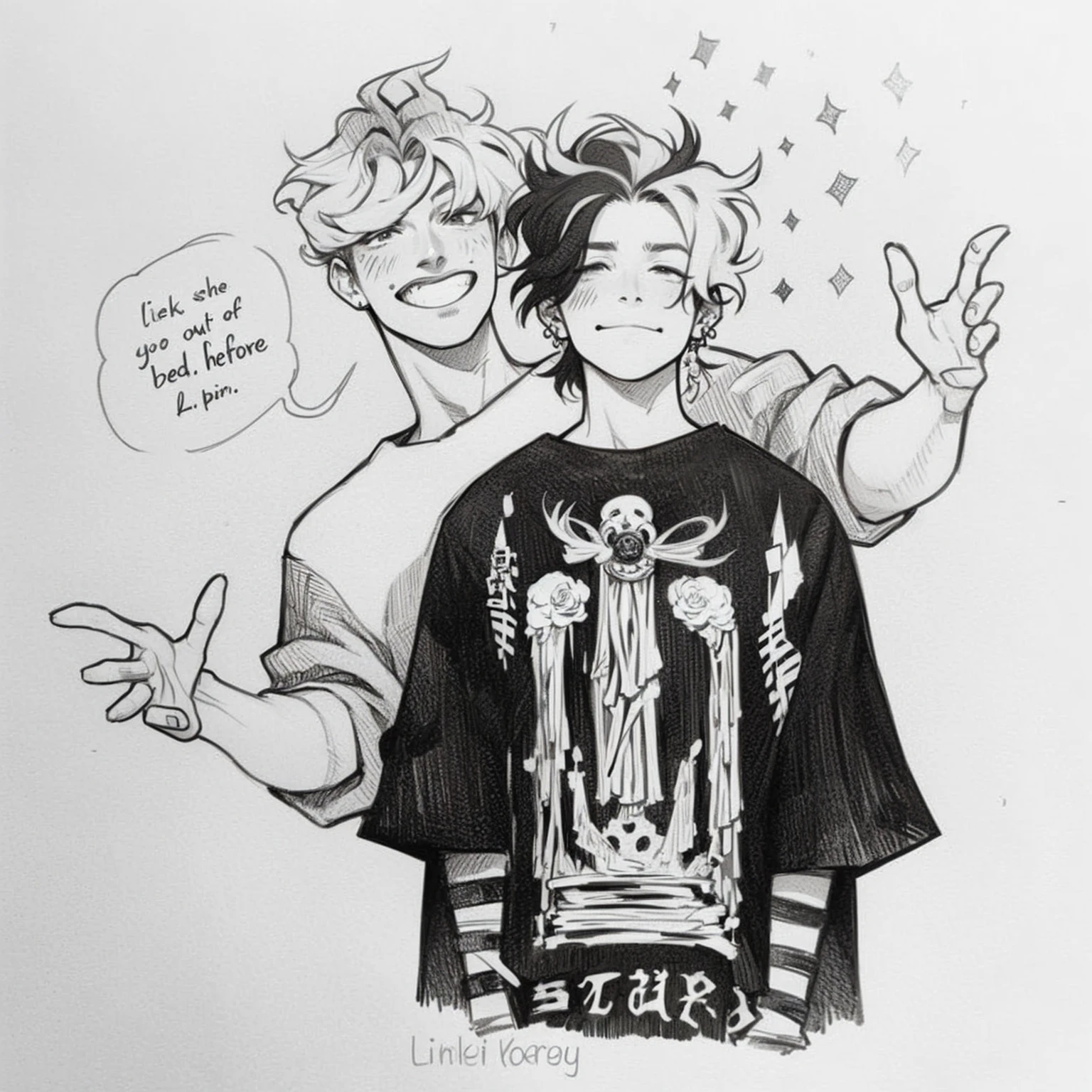 Drawing of a man and a woman with a clock in their hands, Black and white sketch, Rob Rey und Kentaro Miura-Stil, von Tite Kubo, von Kamagurka, Hochwertige Fanart, (inktober), Rob Rey and Kentarõ Miura style, cute boys, Sirius A und Sirius B, ✏️🎨, sweet work of art