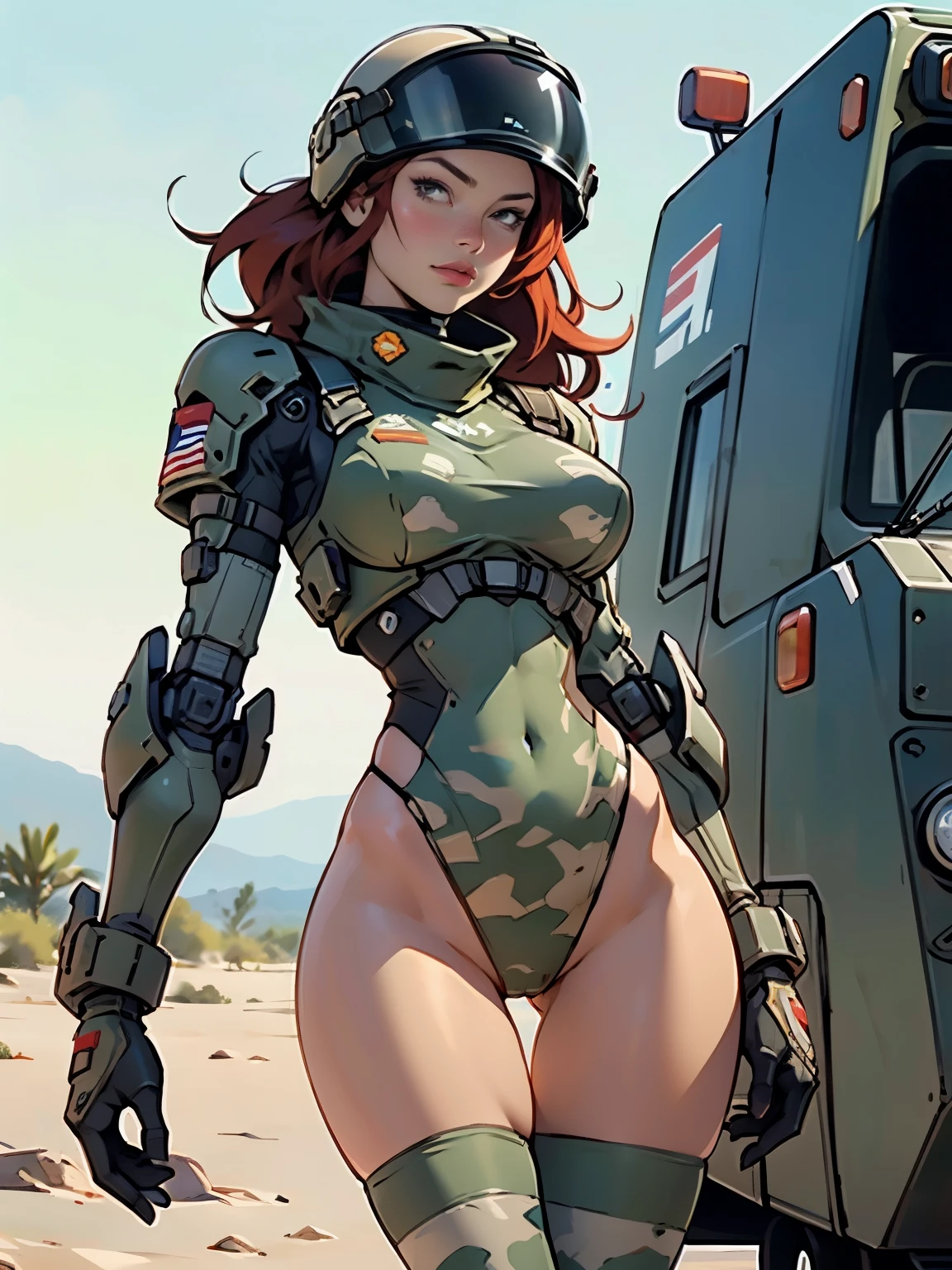 1woman 20 years old, military, wearing a soldier helmet, beautiful, perfect body, realistic, red hair, perfect body, thin waist, , large breasts, slim thighs, desert background, armored vehicle, flying fighters, military robot dog, camouflaged uniform, wealth of details, tight panties, marking on the front, slender knees, highly detailed, high resolution, prefect hands, slender thighs, thigh gap