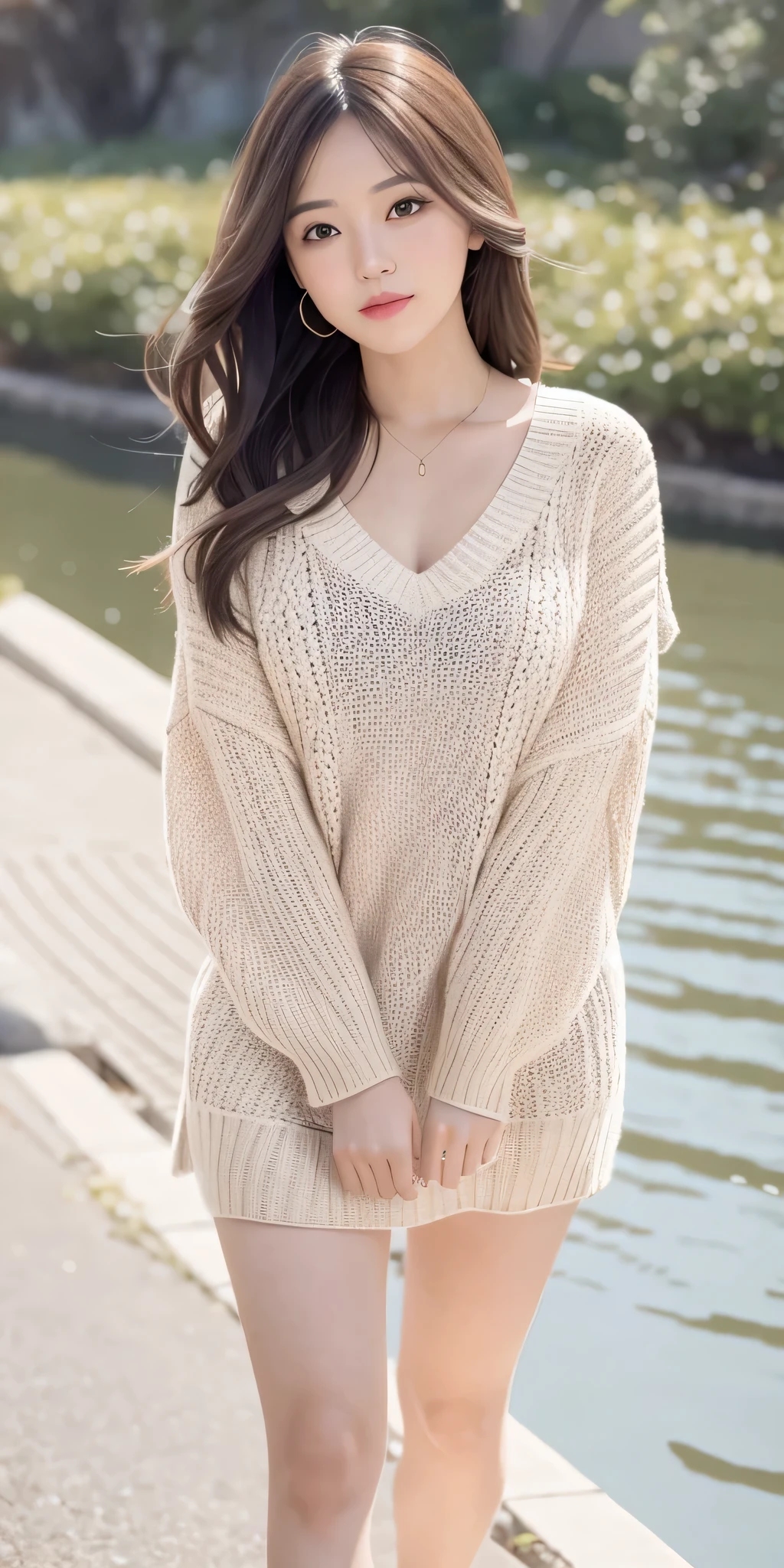 1girl walking on the river, mix4, sweater, pillow, lips, open_mouth, realistic, photo_\(medium\), solo, stuffed_animal, stuffed_toy, teddy_bear,(masterpiece),(photorealistic:1.3), ultra-detailed, (high detailed skin:1.2),(best quality:1.0), (ultra highres:1.0), (ulzzang-6500:0.3), wavy detailed hair, long hair, sunshine, (beautiful detailed makeup), (sexually aroused blushing heavy breathing:1.0), floral theme flower petals scattered, (soft glow bloom:0.5)