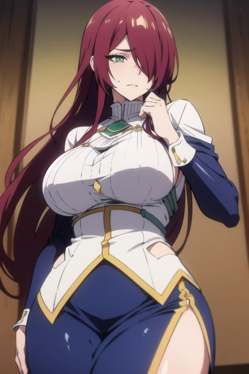 mature women,milf,large breast,beautiful face,long hair, shiny hair, green eyes,high detailed,red hair, hair over one eye,masterpiece,cowboy shot,perfect anatomy,cleveage,dynamic pose,Blue gold Knight armor, skirt,hair ornament,motherly,open shirt,embarrased expresion,