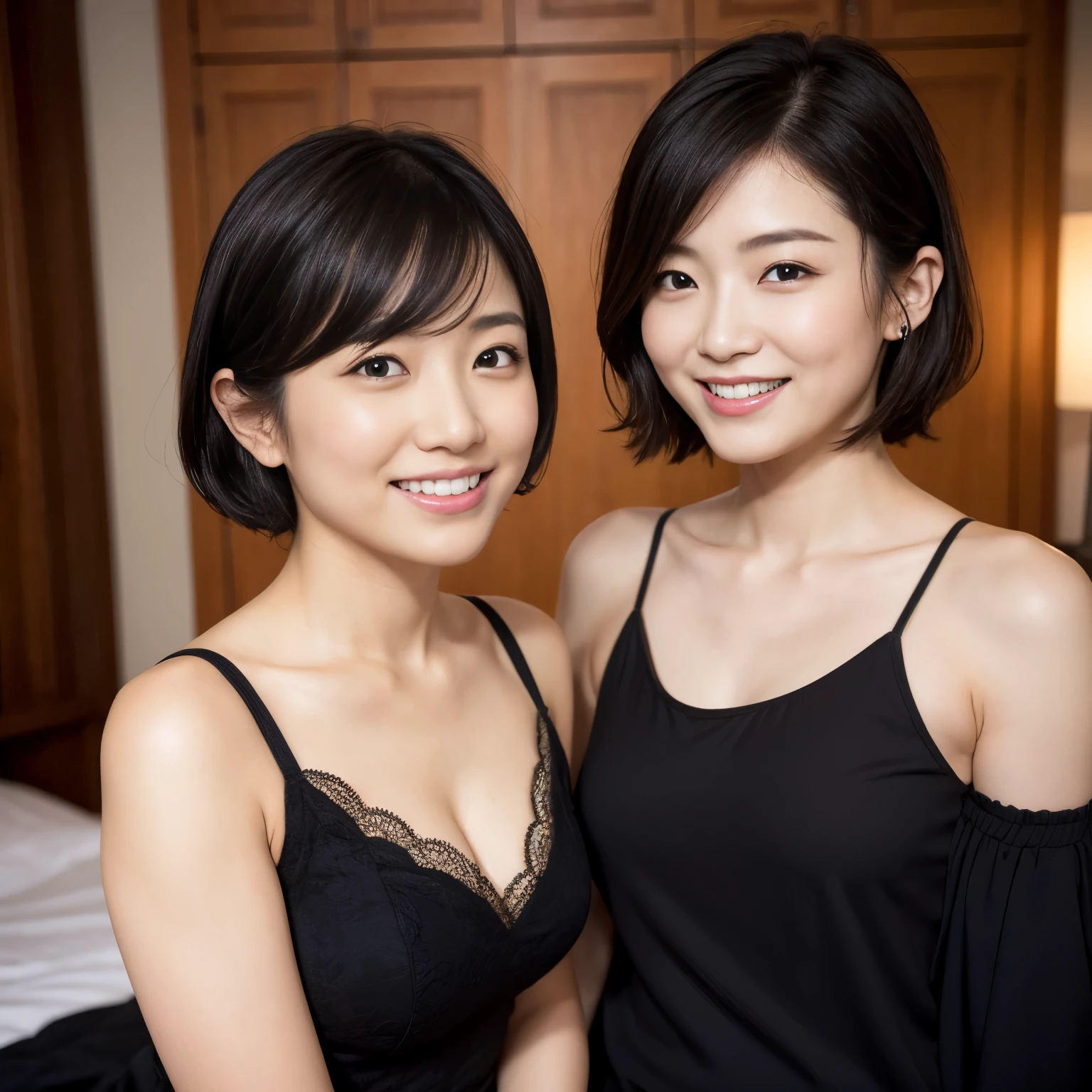 very high quality、be familiar with、Two Japanese women with beautiful faces like actresses、18 ~ Random age over 35、A little plump、Short hair1 person、1 person with ponytail、black hair、Completely naked、thin camisole、Bedroom、look at the camera、attractive appearance、light smile、half open mouth、expression of ecstasy、blush、each other'touch your chest、fingers touch body、wet skin、wet hair