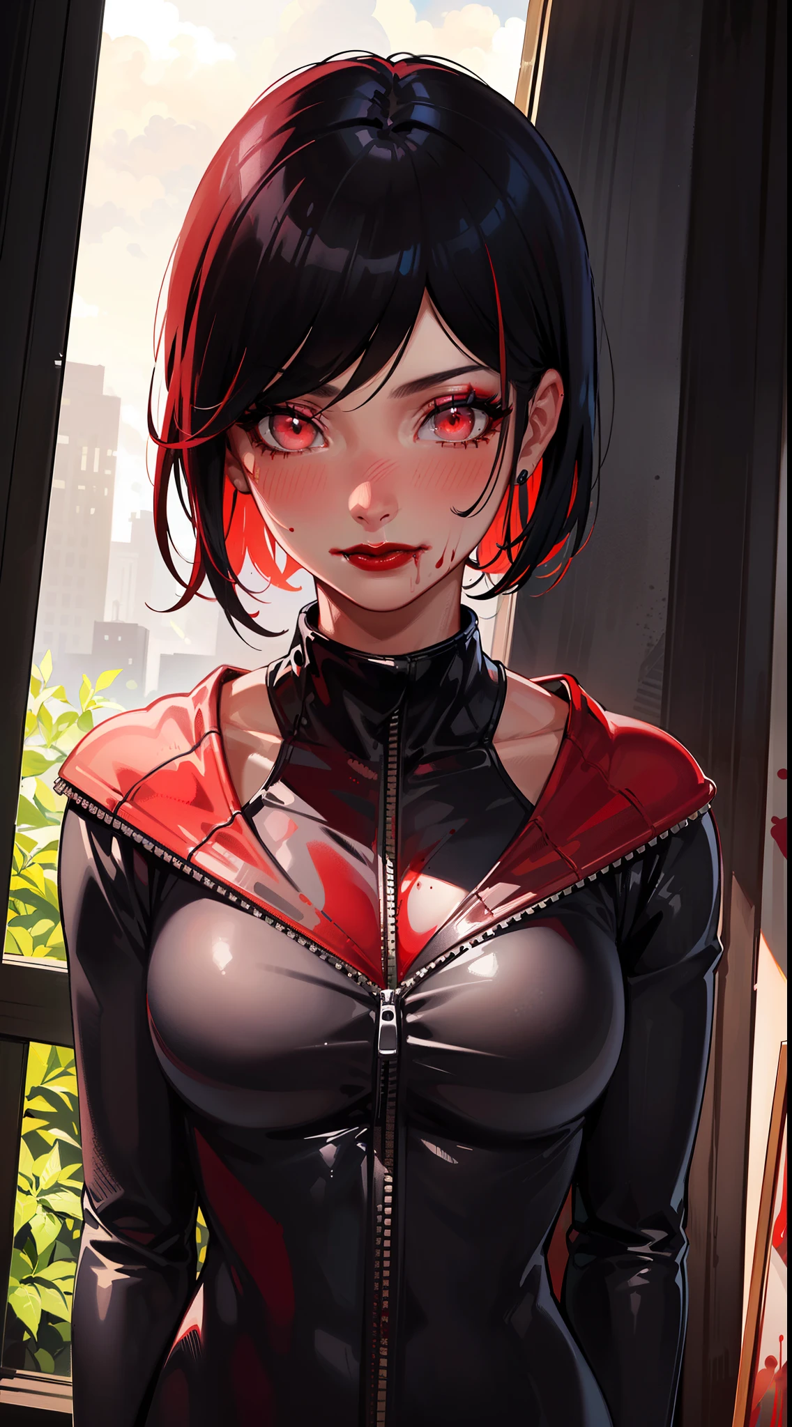 ((black latex bodysuit)), upper body, seductive look, blush, indoors, in office, looking at viewer, cloudy, moody lighting, (perfect detail eyes:1.2), glowing eyes, (Masterpiece, Best Quality, High Quality:1.4), professional artwork, Intricate Details, field of view, sharp focus, detailed painting, photorealistic lighting, trending on pixiv, (vivid lighting, vibrant colors:1.05), realistic shadows, ambient occlusion, (athletic body:1.3), mature woman, 30yo, hyperdetail eyes, beautiful eyes, (((solo:1.4))), semi-realistic hair, hyperdetailed clothes, (((beautiful red blood lipstick:1.3, beautiful red blood eyeshadow:1.3))),