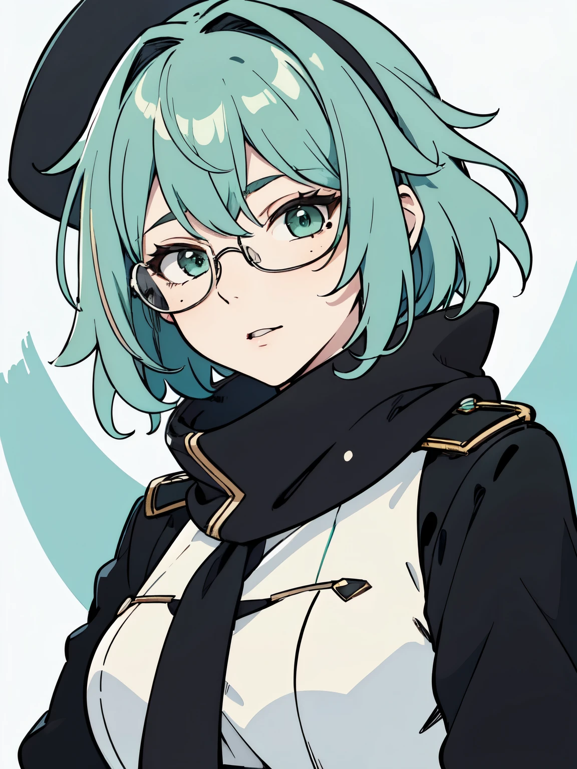 masterpiece, best quality, highres, portrait, 1girl, short green pastel hair, glasses, black armor, long scarf, black coat, jelotopaz, a single mole in face