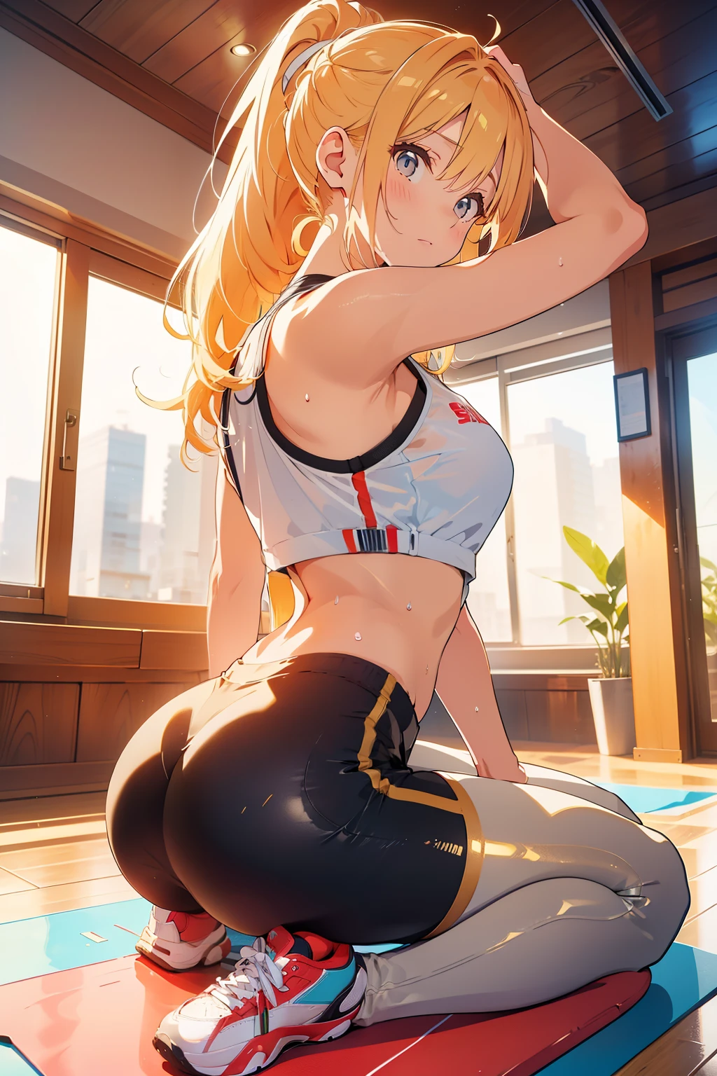 (highest quality, 8K, High resolution, masterpiece:1.ung woman, medium hair, golden hair, short_ponytail, play sports often , For yoga pants,shorts、 yoga room、Sweat、burn